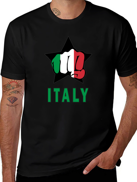 Italy Flag Fist Graphic T-Shirt - Black Crew Neck Tee