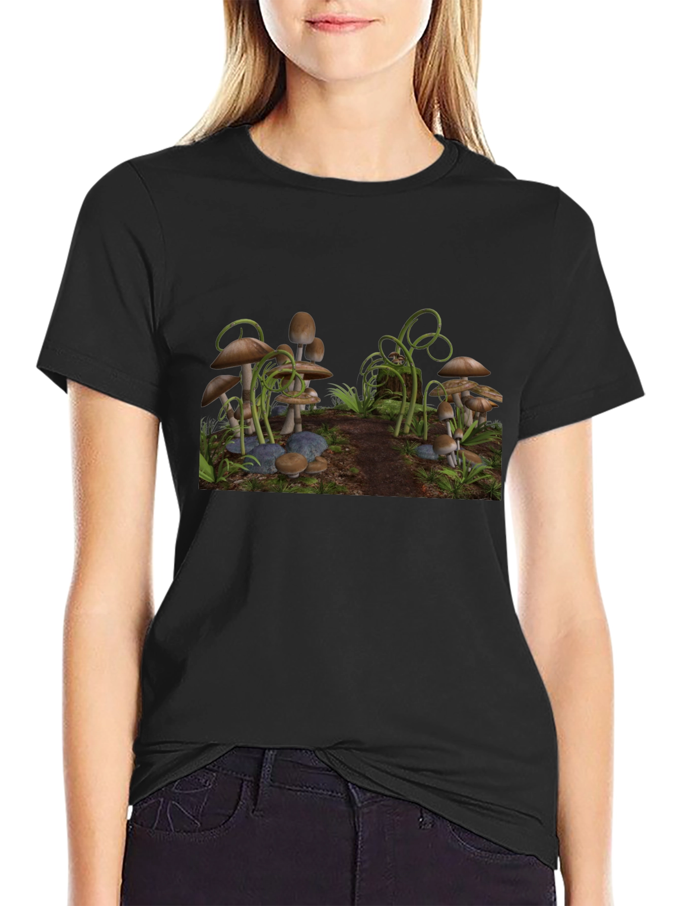 Mushroom Scene Graphic Tee - Black T-Shirt