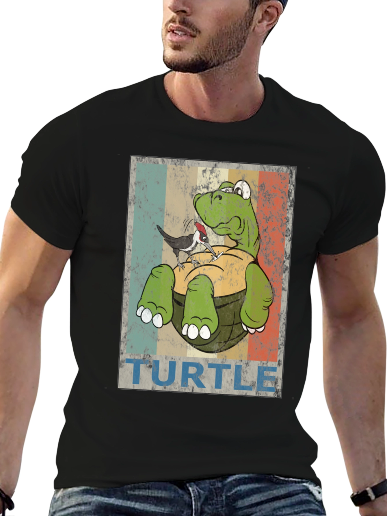 Retro Turtle & Bird Graphic T-Shirt