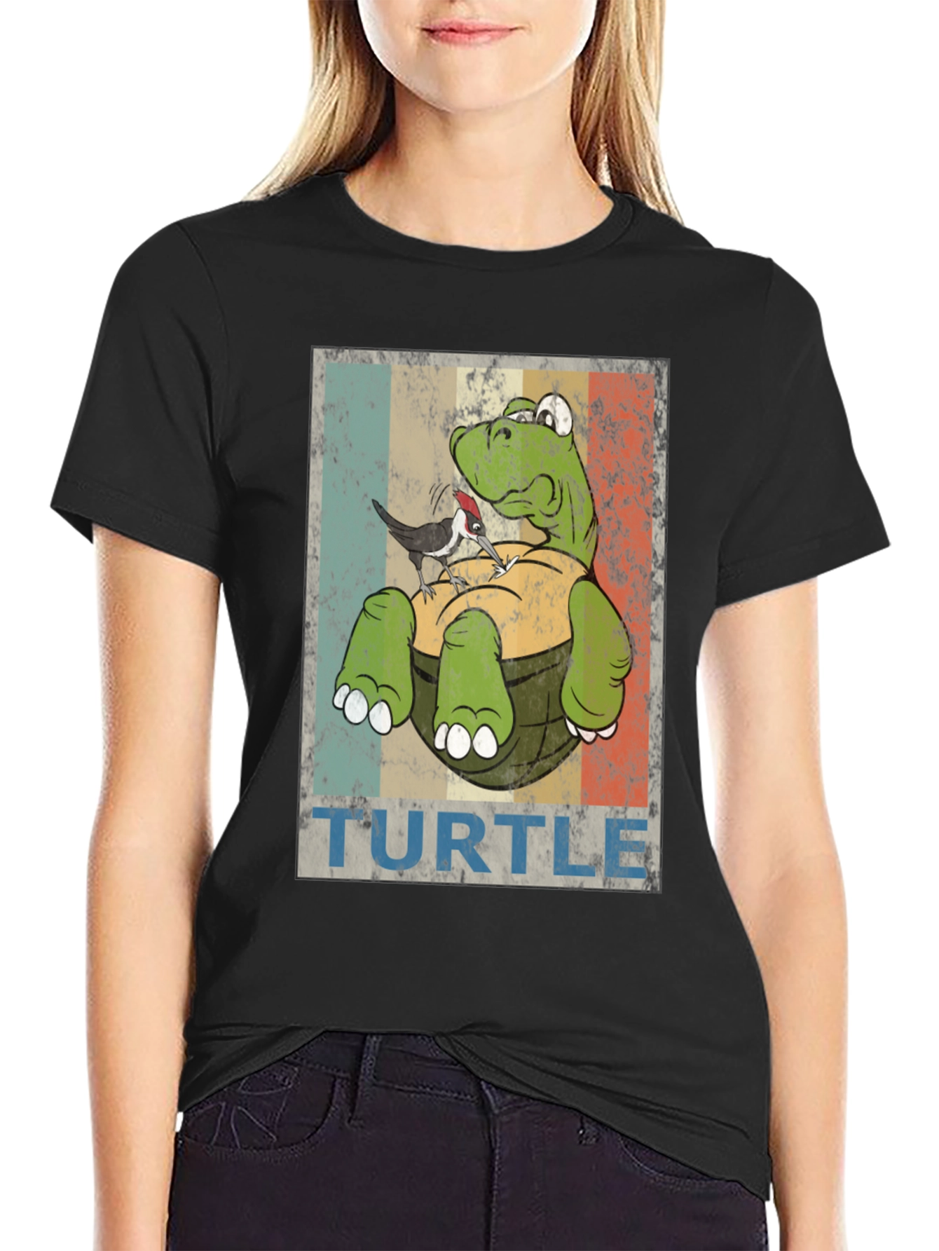 Retro Turtle & Bird Graphic T-Shirt