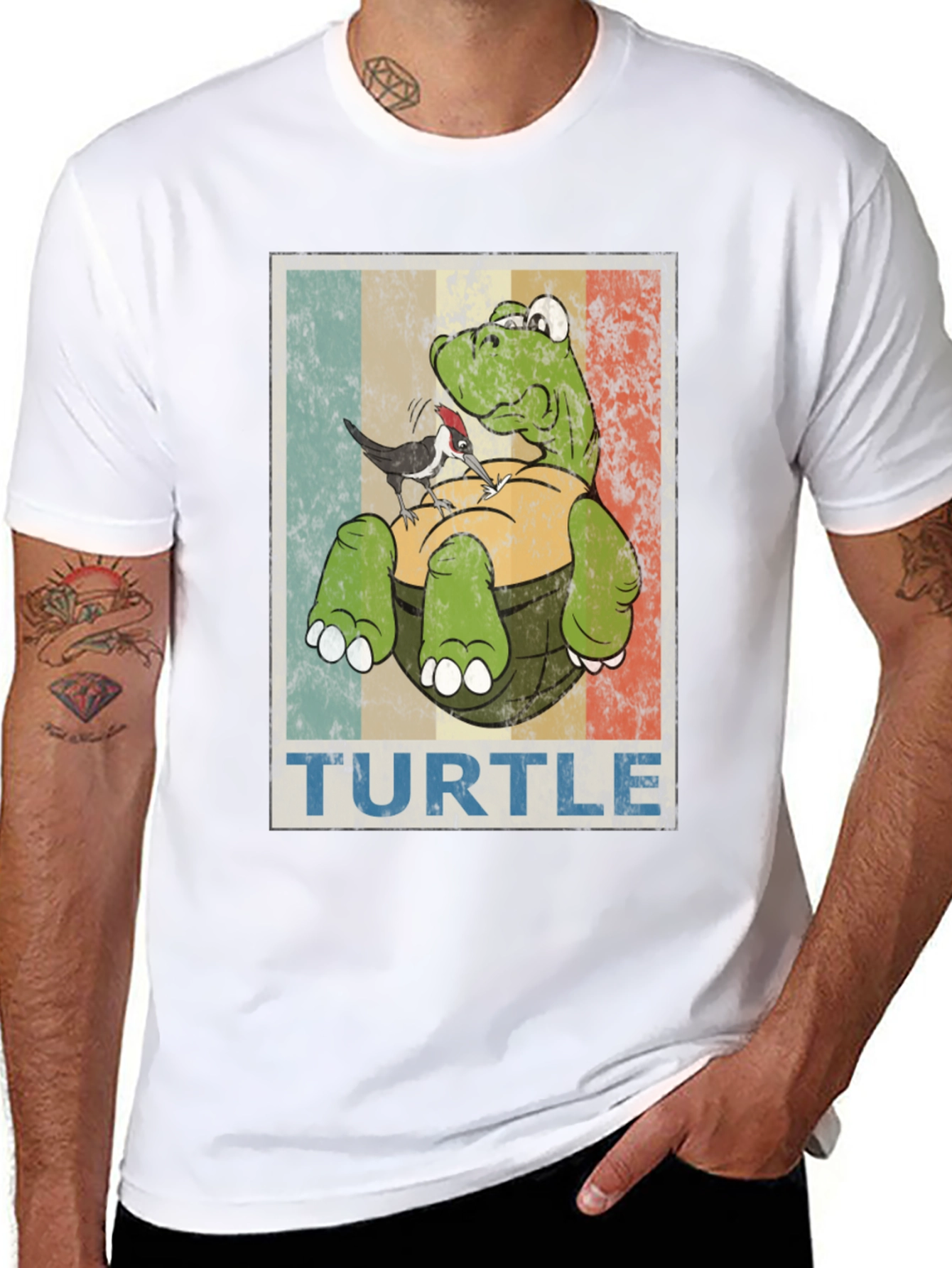 Retro Turtle & Bird Graphic T-Shirt