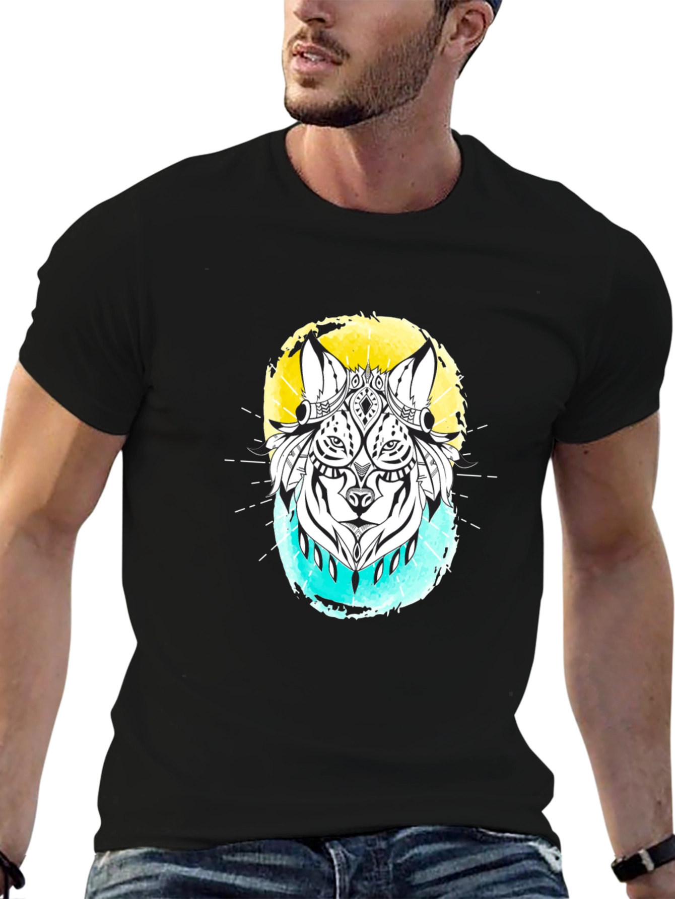 Abstract Wolf Graphic Black T-Shirt