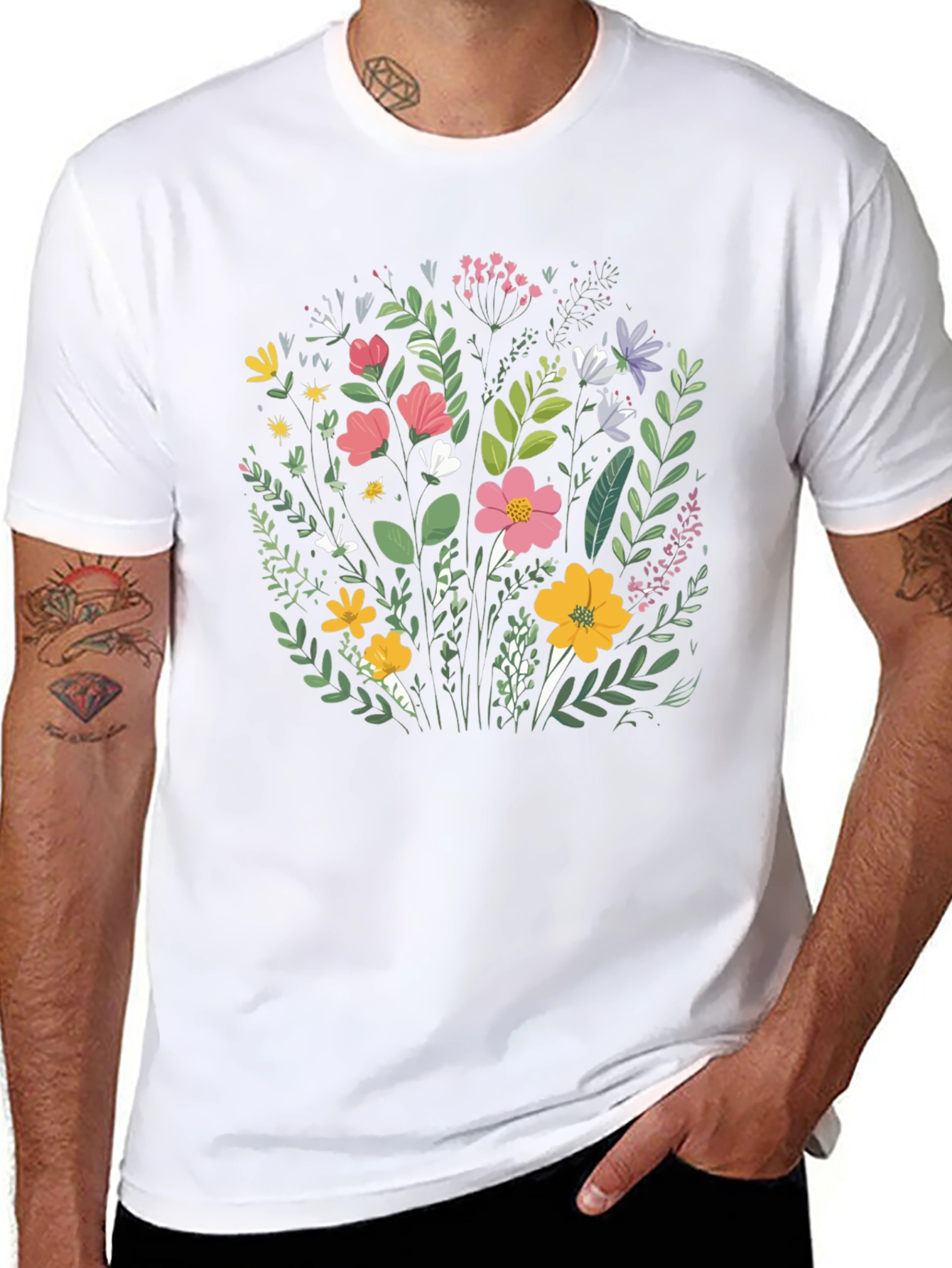 Floral T-Shirt - Black Cotton Crew Neck