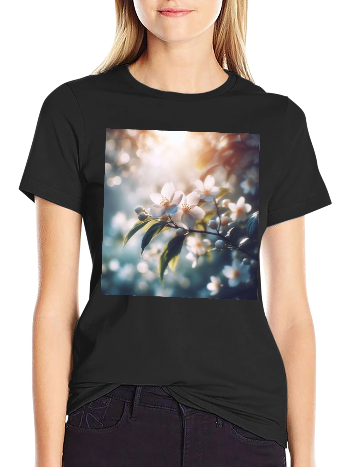 White Floral Blossom Graphic Black T-Shirt