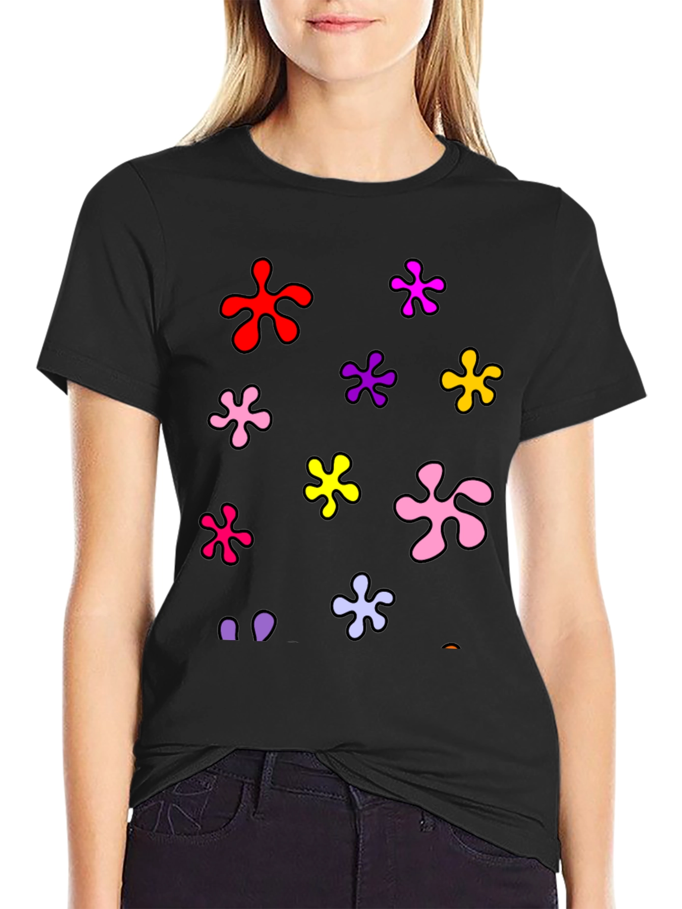 Funky Floral Splatter Graphic Black T-Shirt