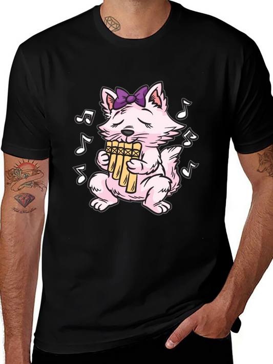 Musical Cat T-Shirt - Pan Flute Playing Kitten Tee