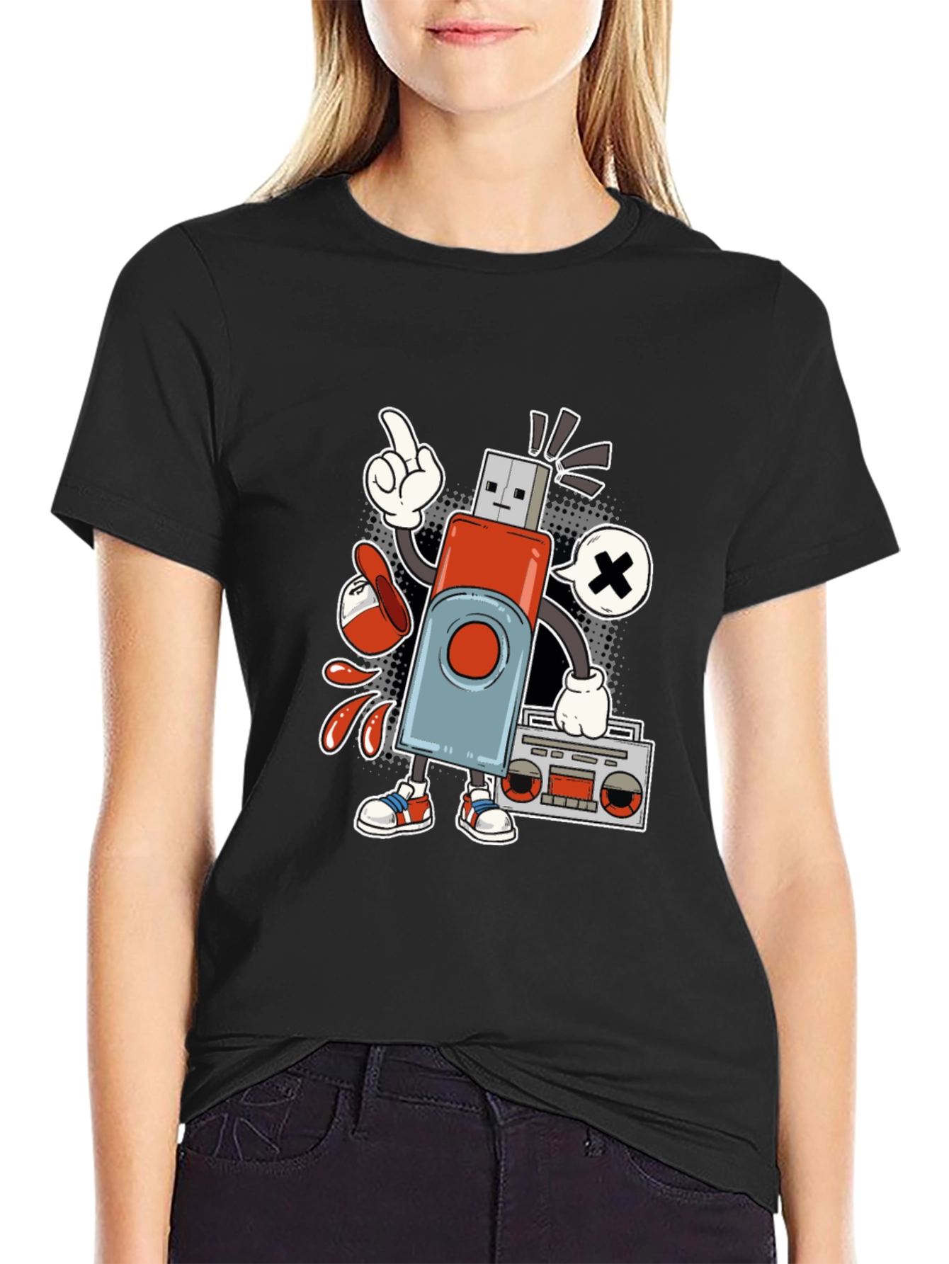 Retro USB Drive Character Black T-Shirt