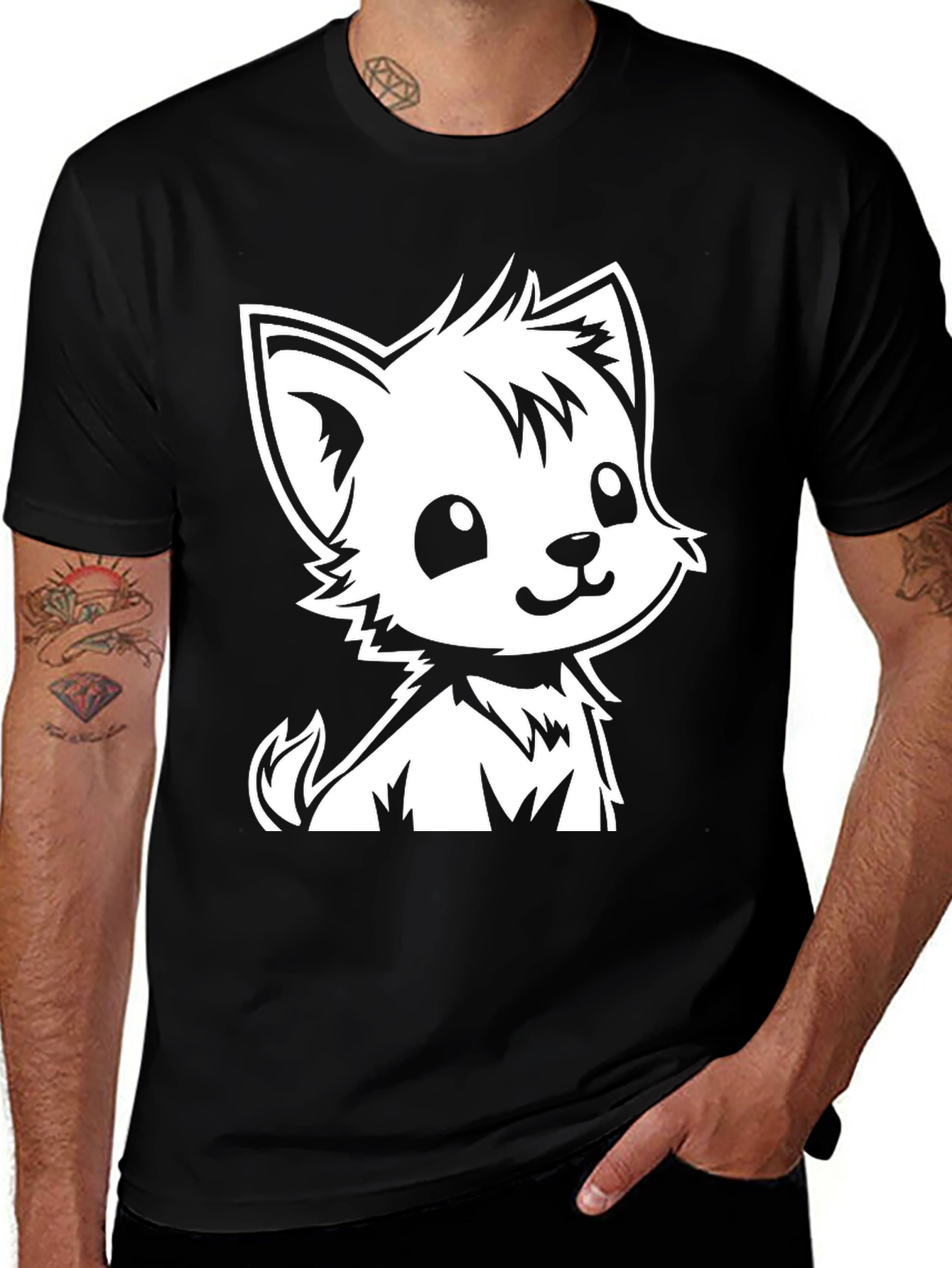 Cute Cartoon Puppy Graphic Tee - Black