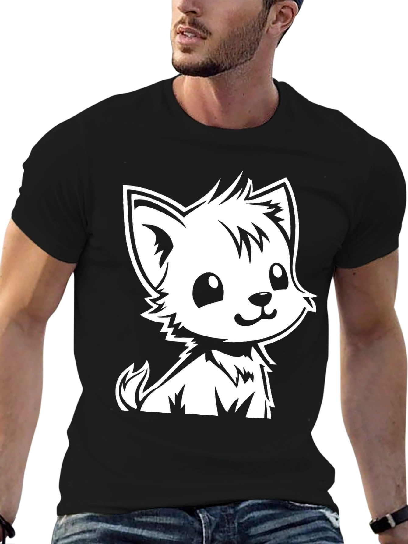 Cute Cartoon Puppy Graphic Tee - Black
