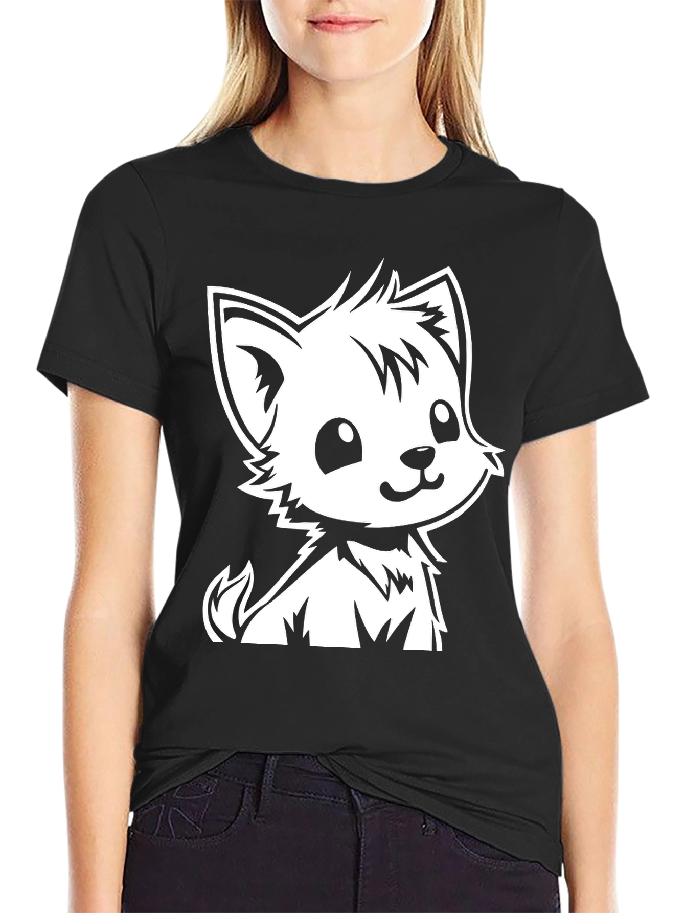 Cute Cartoon Puppy Graphic Tee - Black