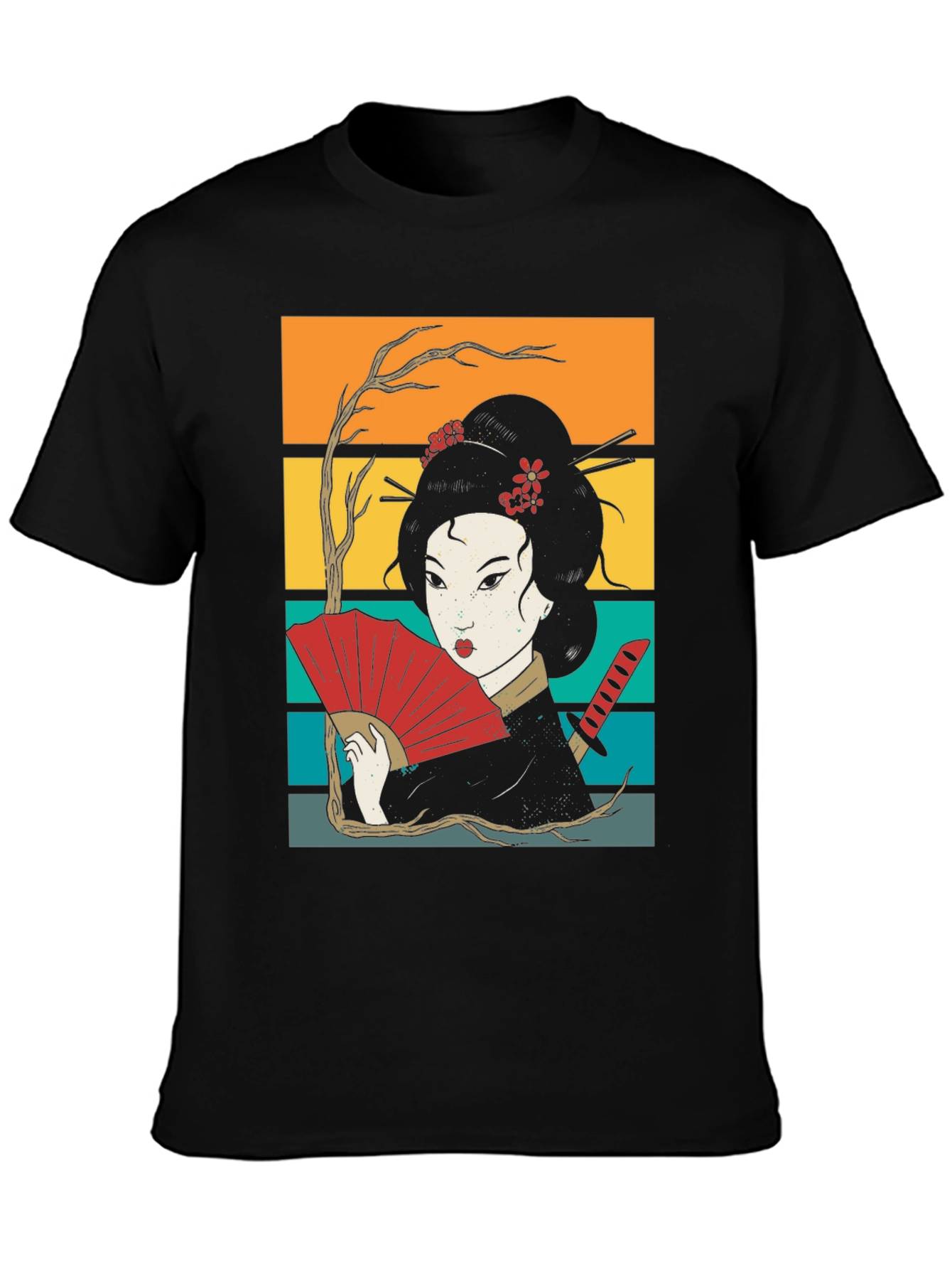 Geisha Art Black Tee - Japanese Retro Style