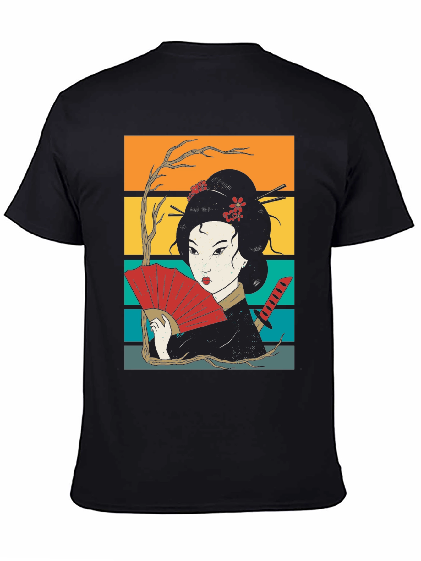 Geisha Art Black Tee - Japanese Retro Style