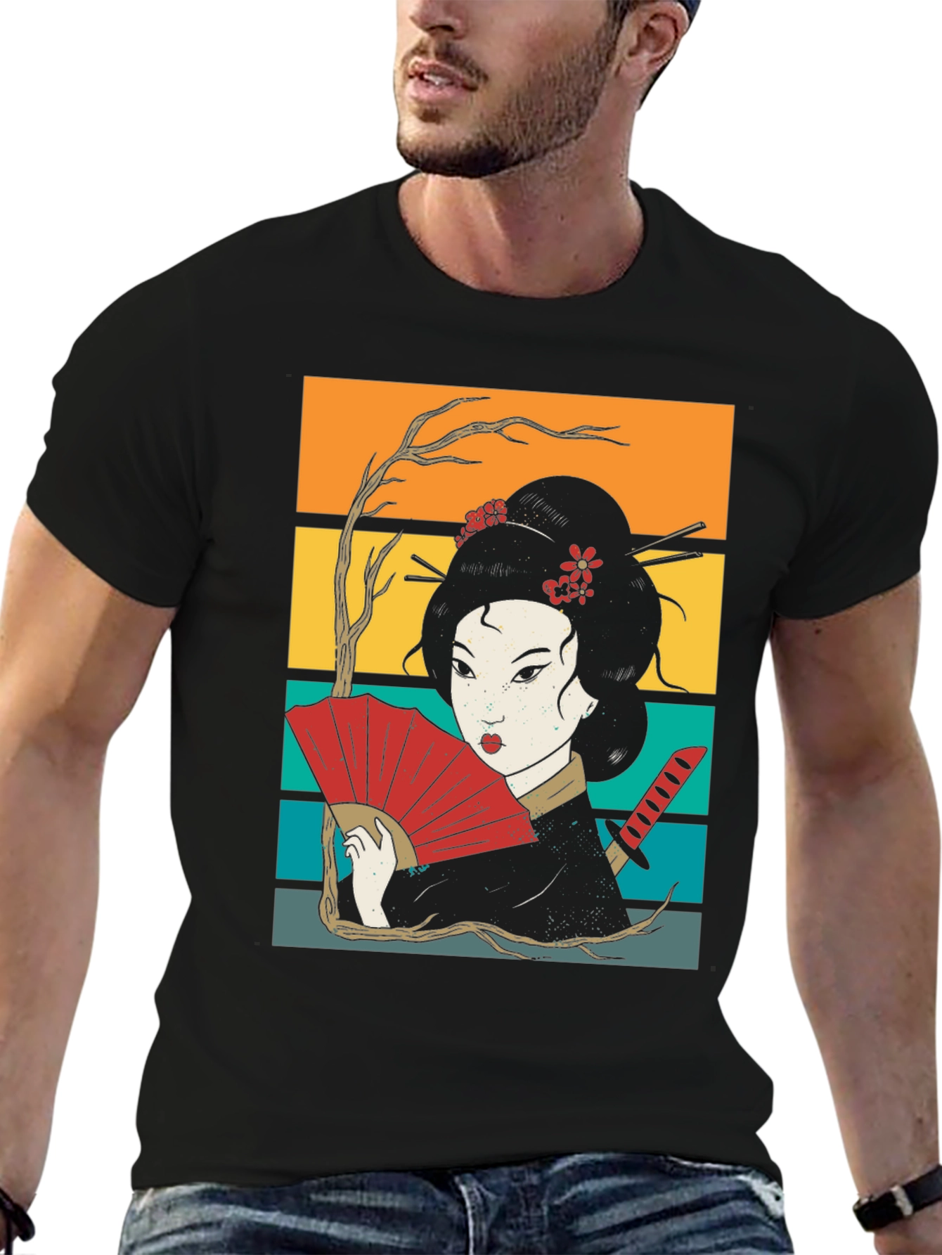 Geisha Art Black Tee - Japanese Retro Style