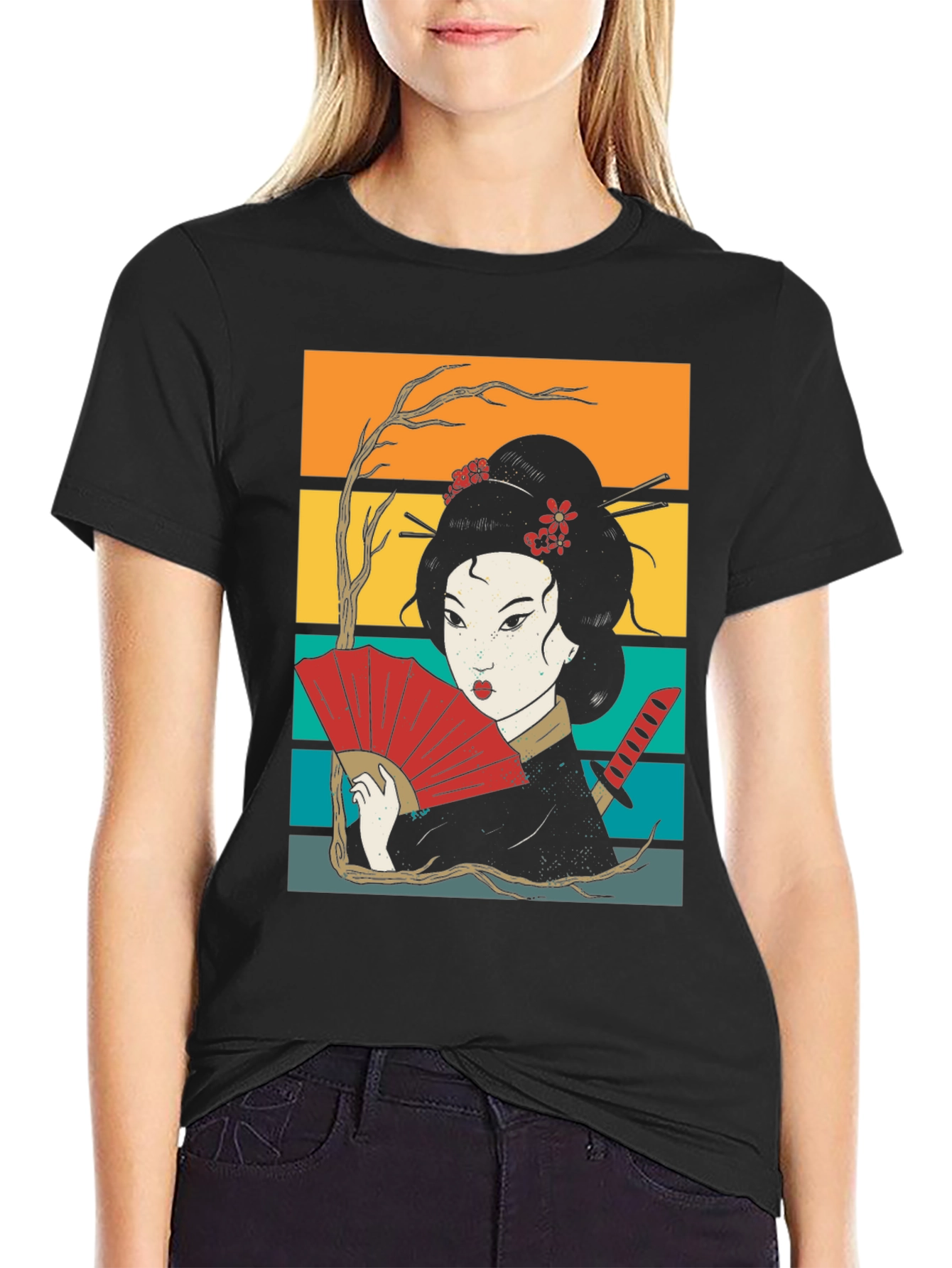 Geisha Art Black Tee - Japanese Retro Style