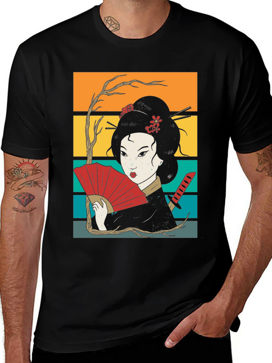 Geisha Art Black Tee - Japanese Retro Style