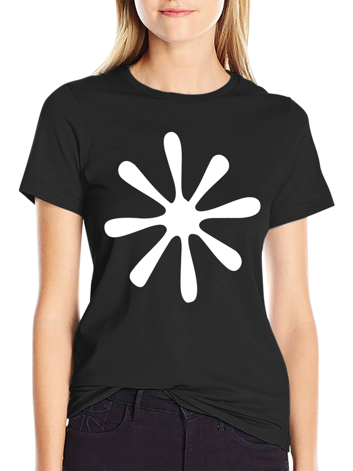Modern Black T-Shirt with White Flower Burst Design