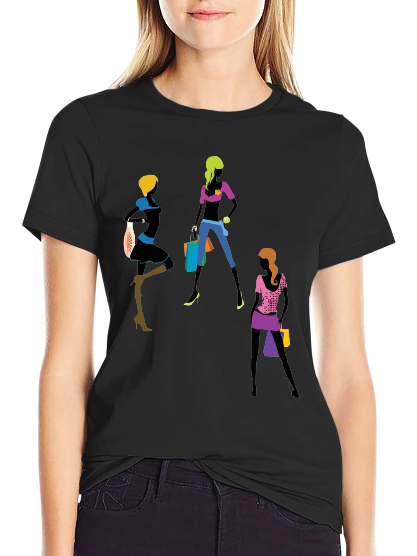 Trendy Women Shopping Graphic T-Shirt - Black