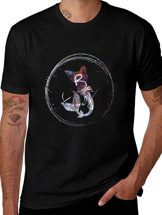 Be Yourself Cat Mermaid Graphic Black T-Shirt