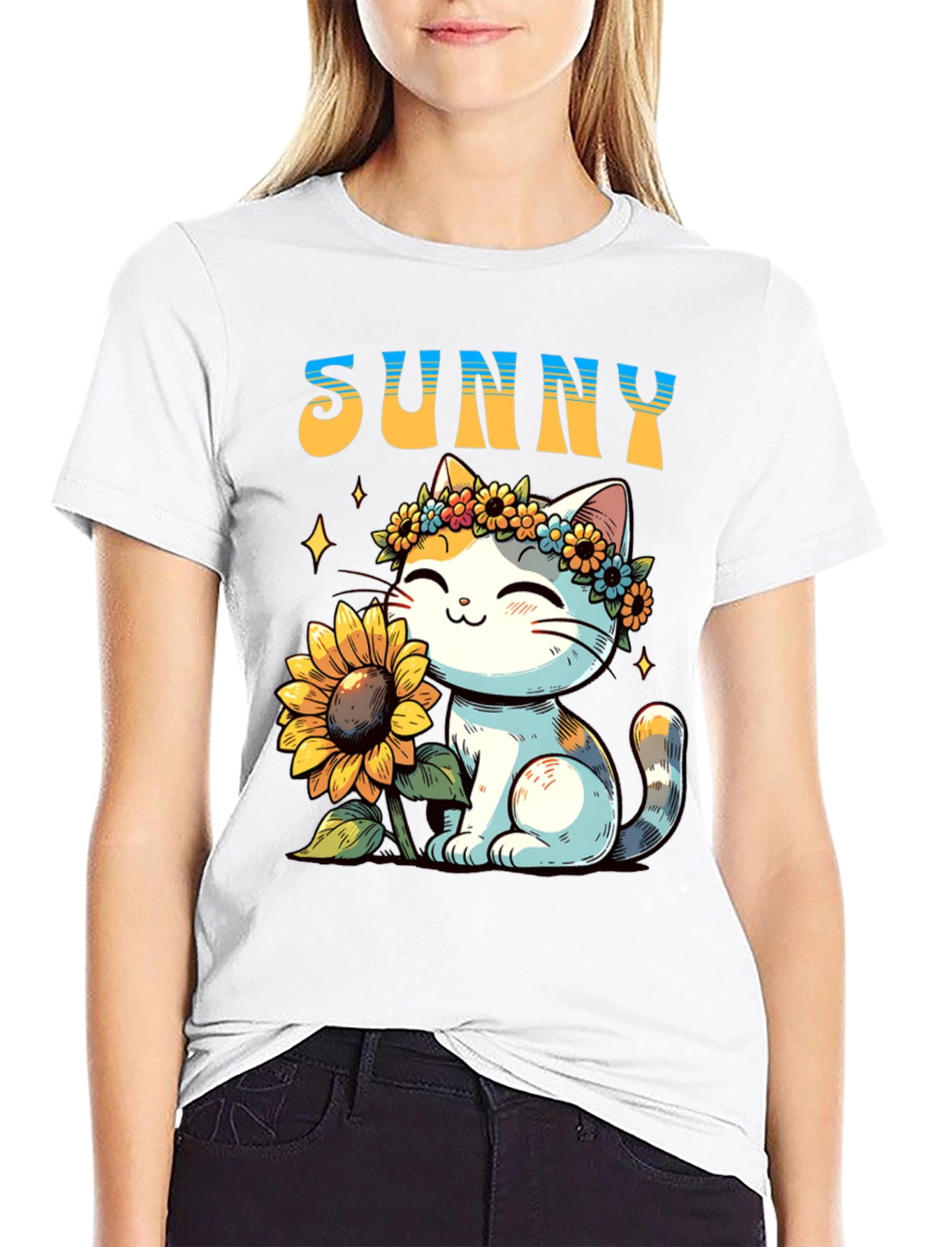 Sunny Cat with Sunflower Graphic T-Shirt
