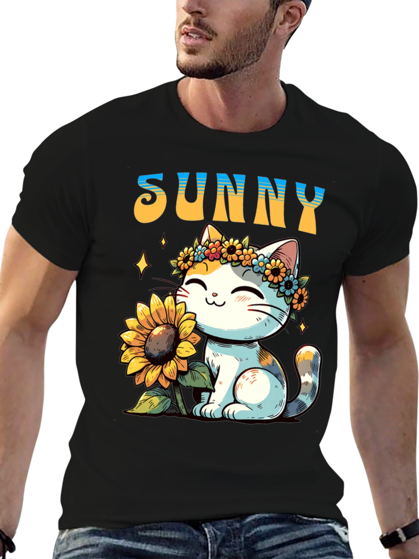Sunny Cat with Sunflower Graphic T-Shirt