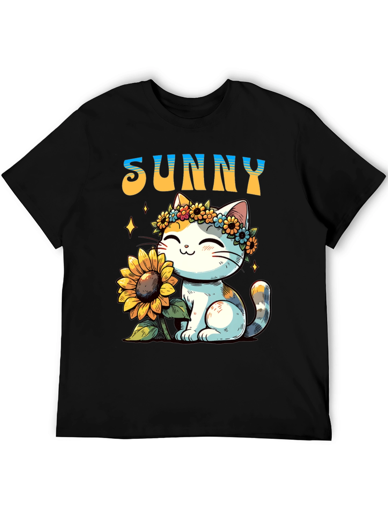 Sunny Cat with Sunflower Graphic T-Shirt
