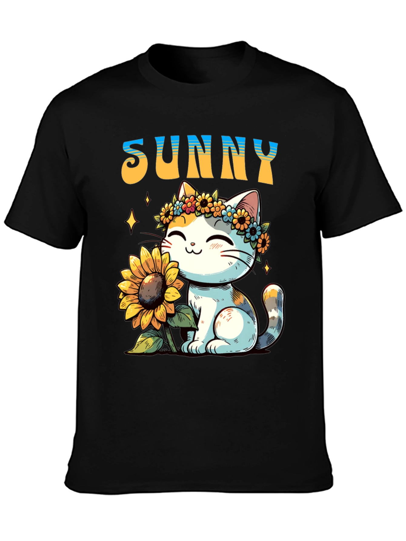 Sunny Cat with Sunflower Graphic T-Shirt