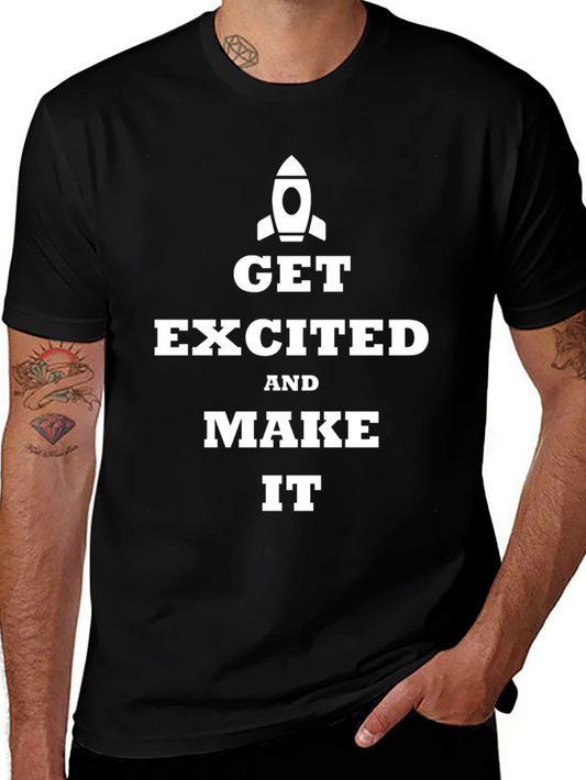 Get Excited Rocket Graphic Tee - Inspiring Black T-Shirt