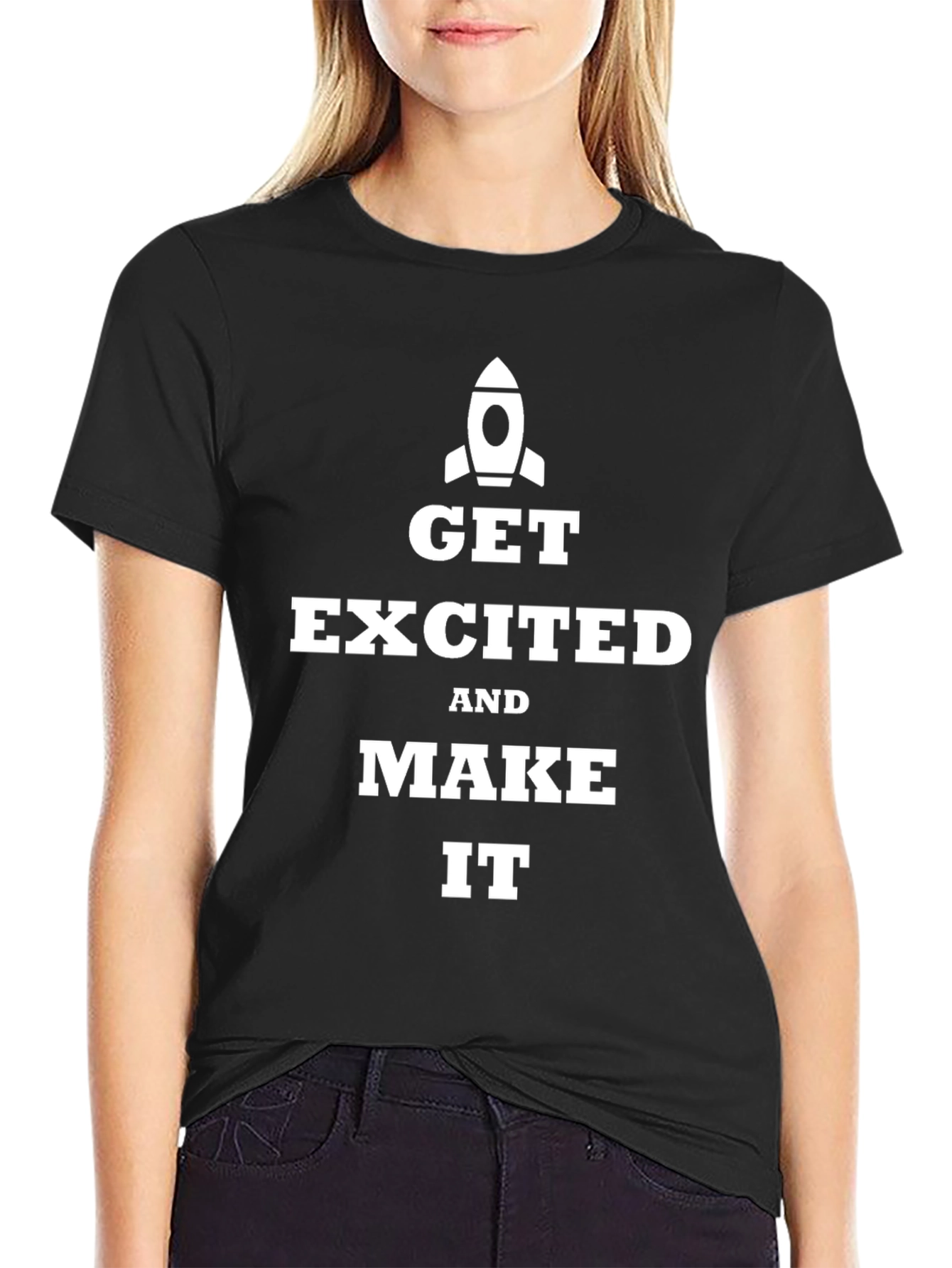 Get Excited Rocket Graphic Tee - Inspiring Black T-Shirt