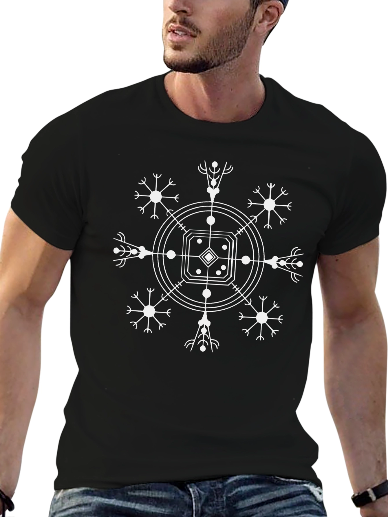 Black T-Shirt with Geometric Snowflake Design