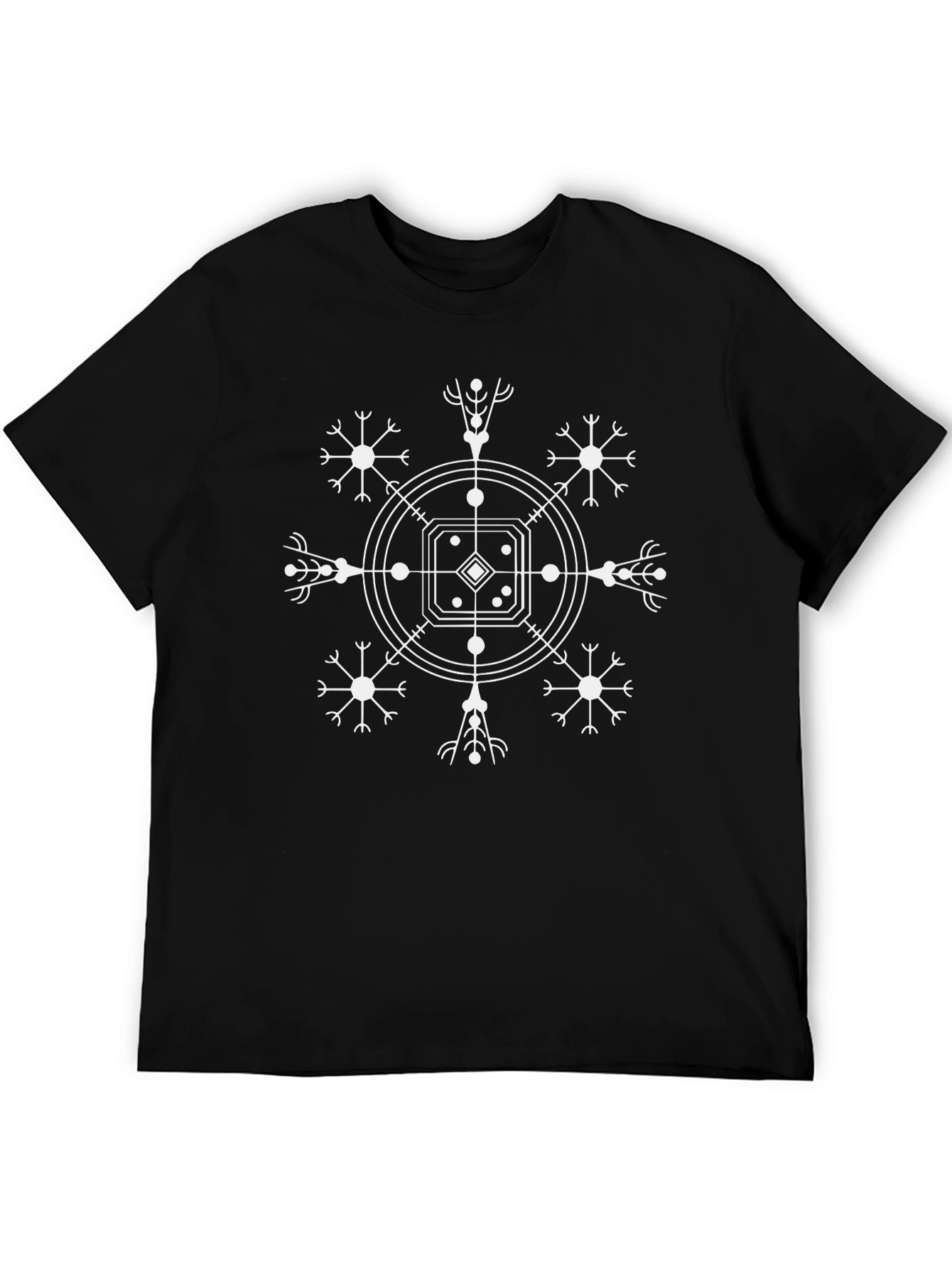 Black T-Shirt with Geometric Snowflake Design