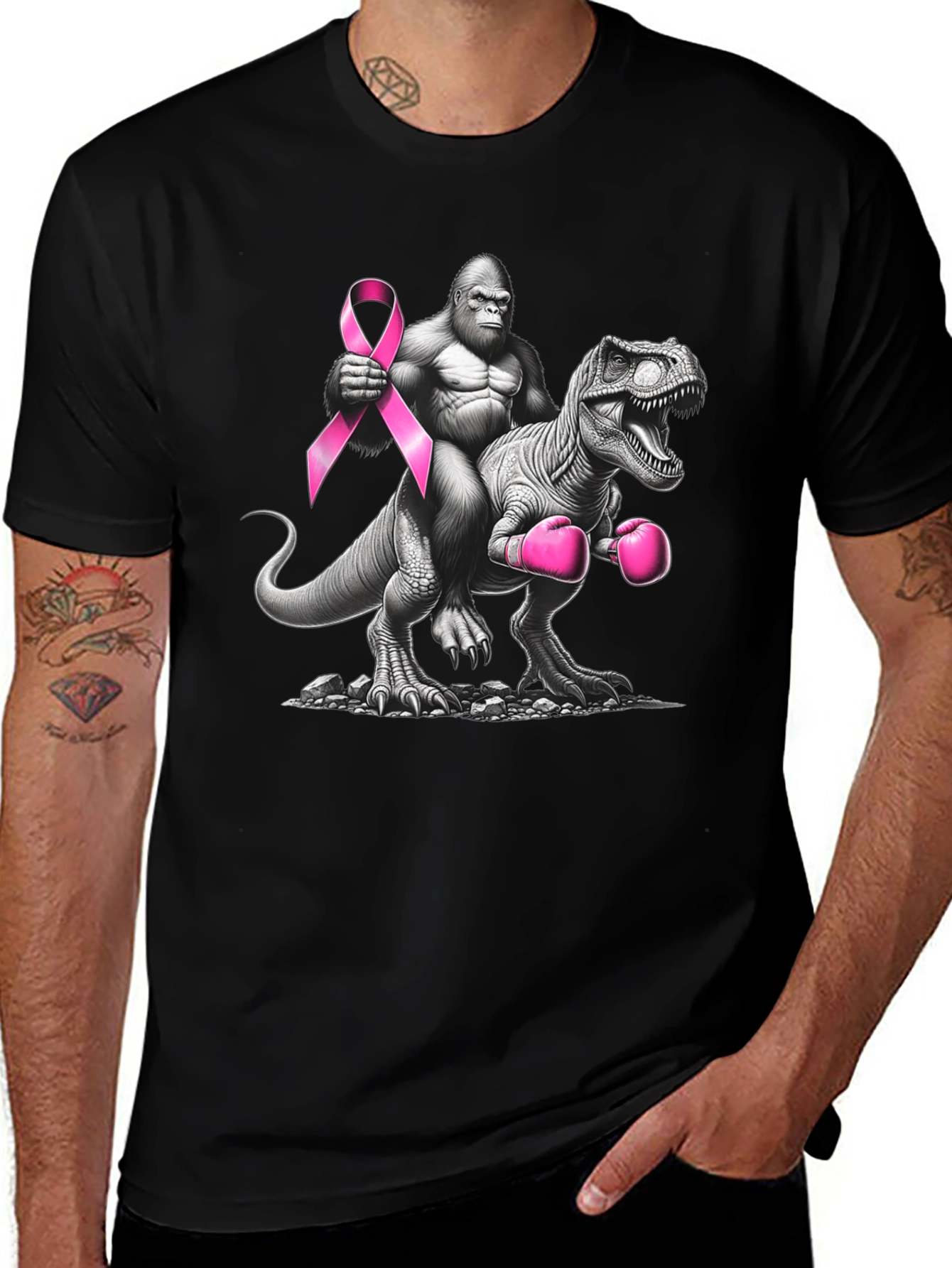 Gorilla Riding Dino Breast Cancer Awareness T-Shirt