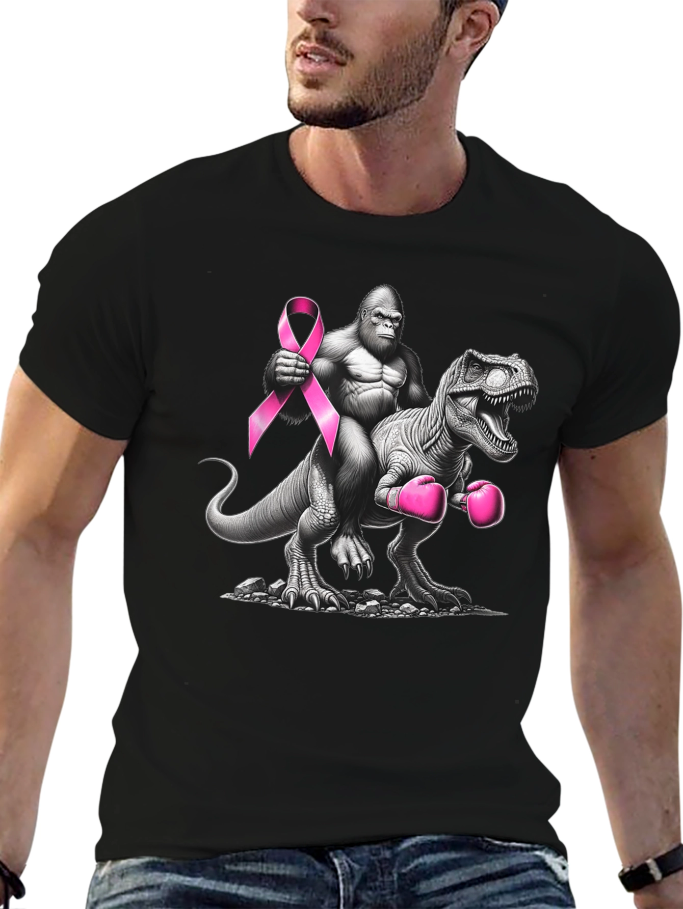 Gorilla Riding Dino Breast Cancer Awareness T-Shirt