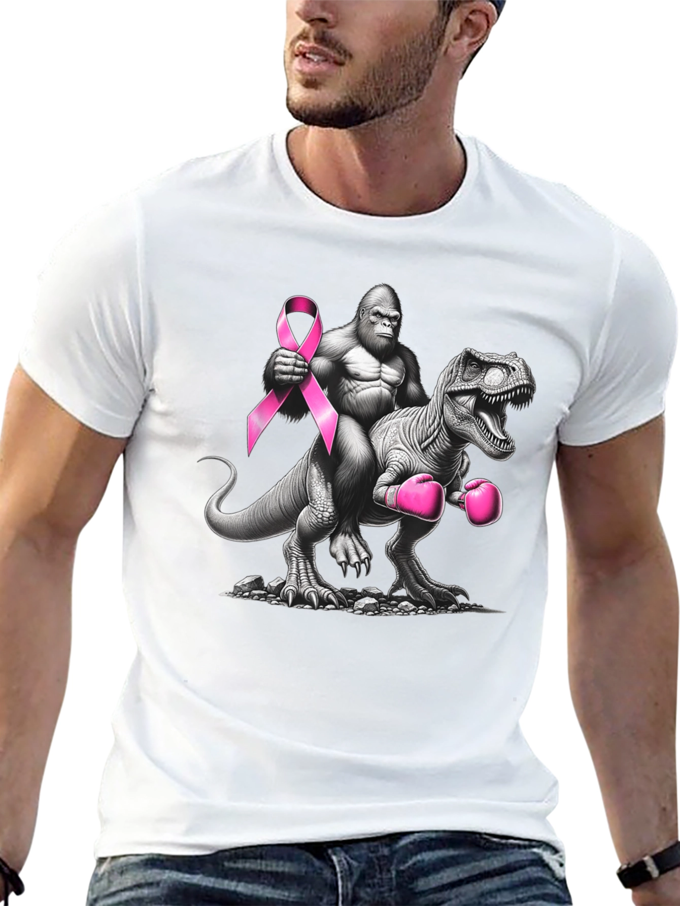 Gorilla Riding Dino Breast Cancer Awareness T-Shirt