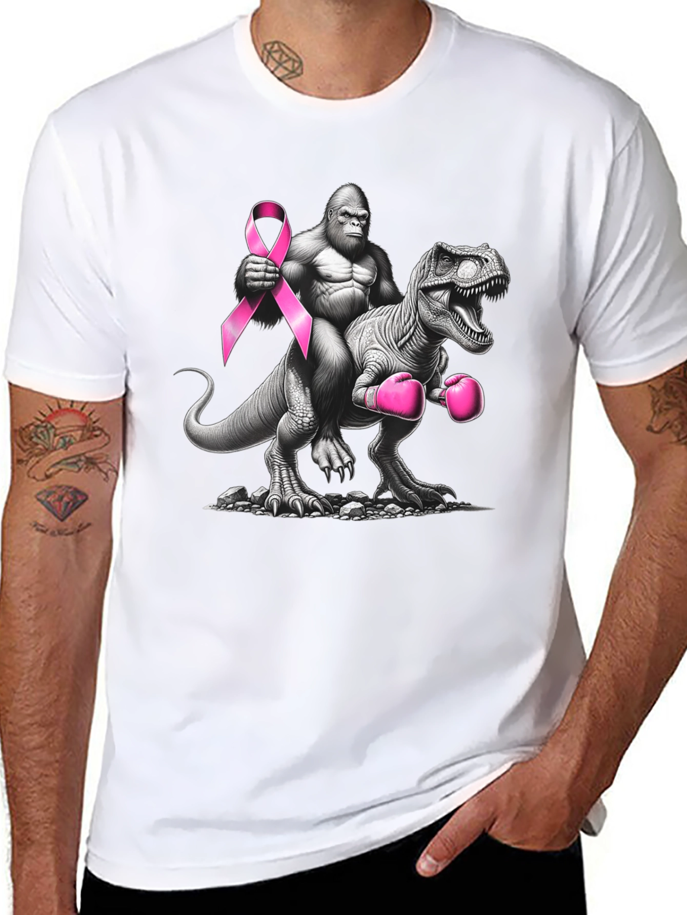 Gorilla Riding Dino Breast Cancer Awareness T-Shirt