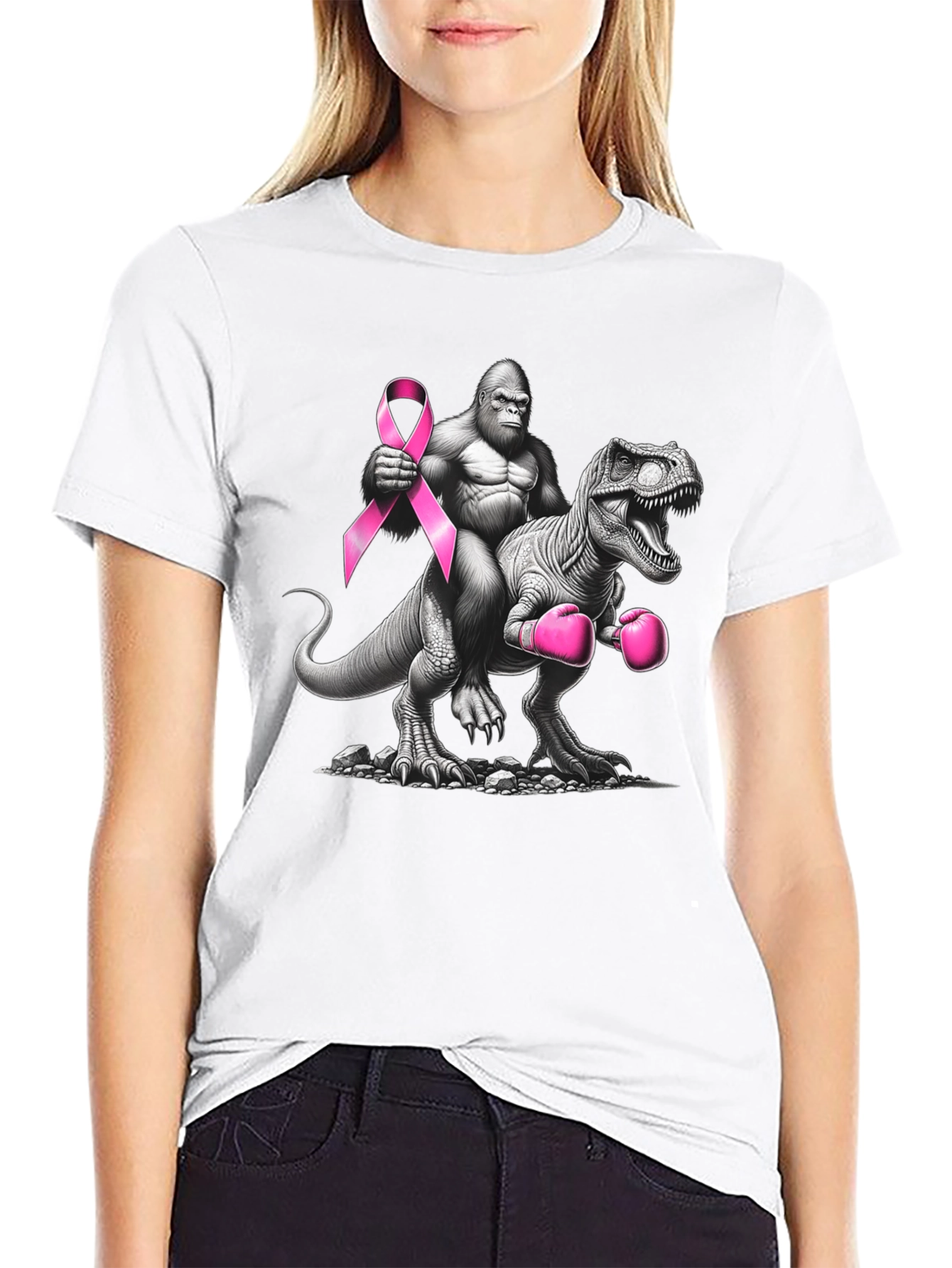 Gorilla Riding Dino Breast Cancer Awareness T-Shirt