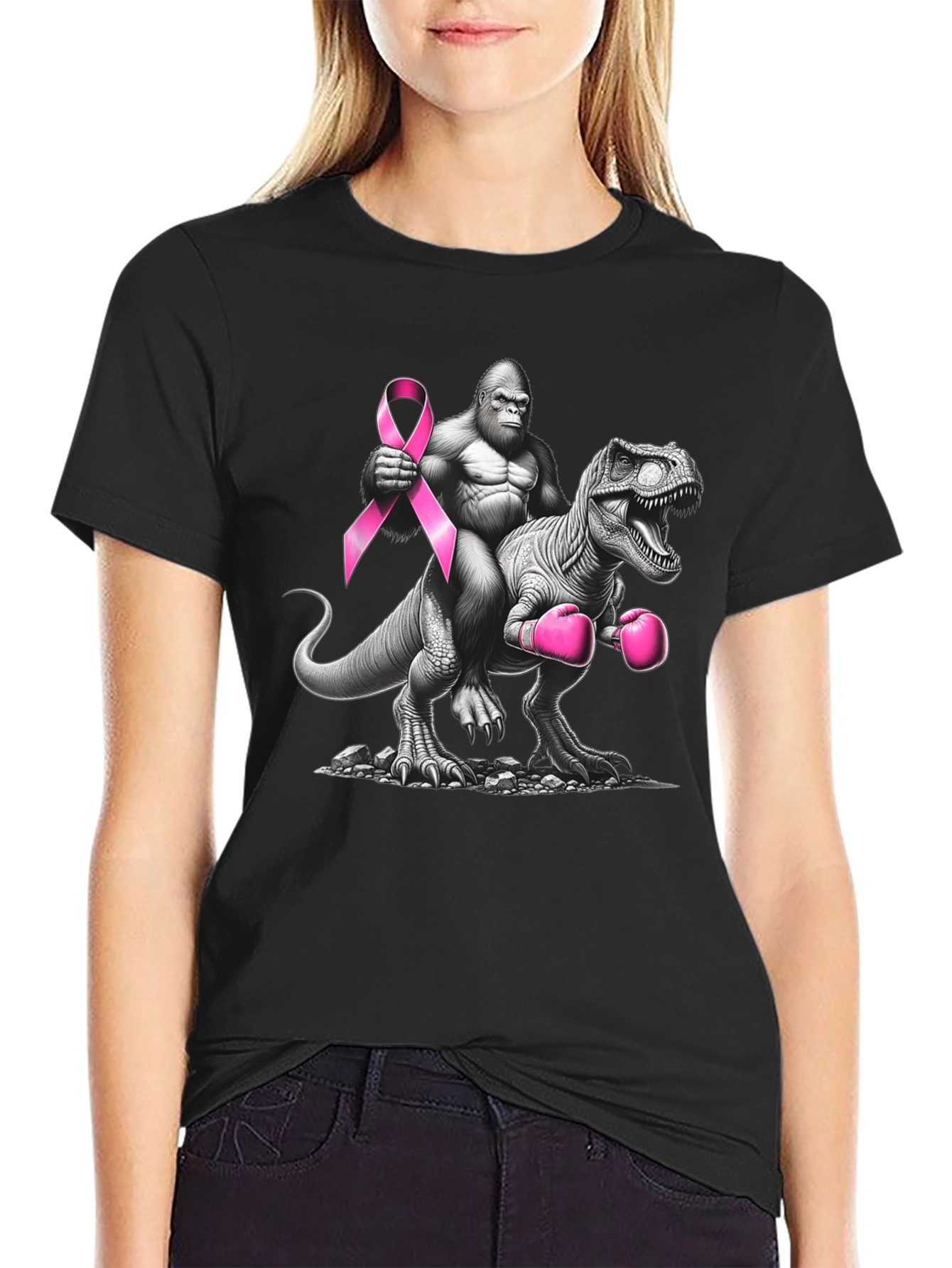 Gorilla Riding Dino Breast Cancer Awareness T-Shirt