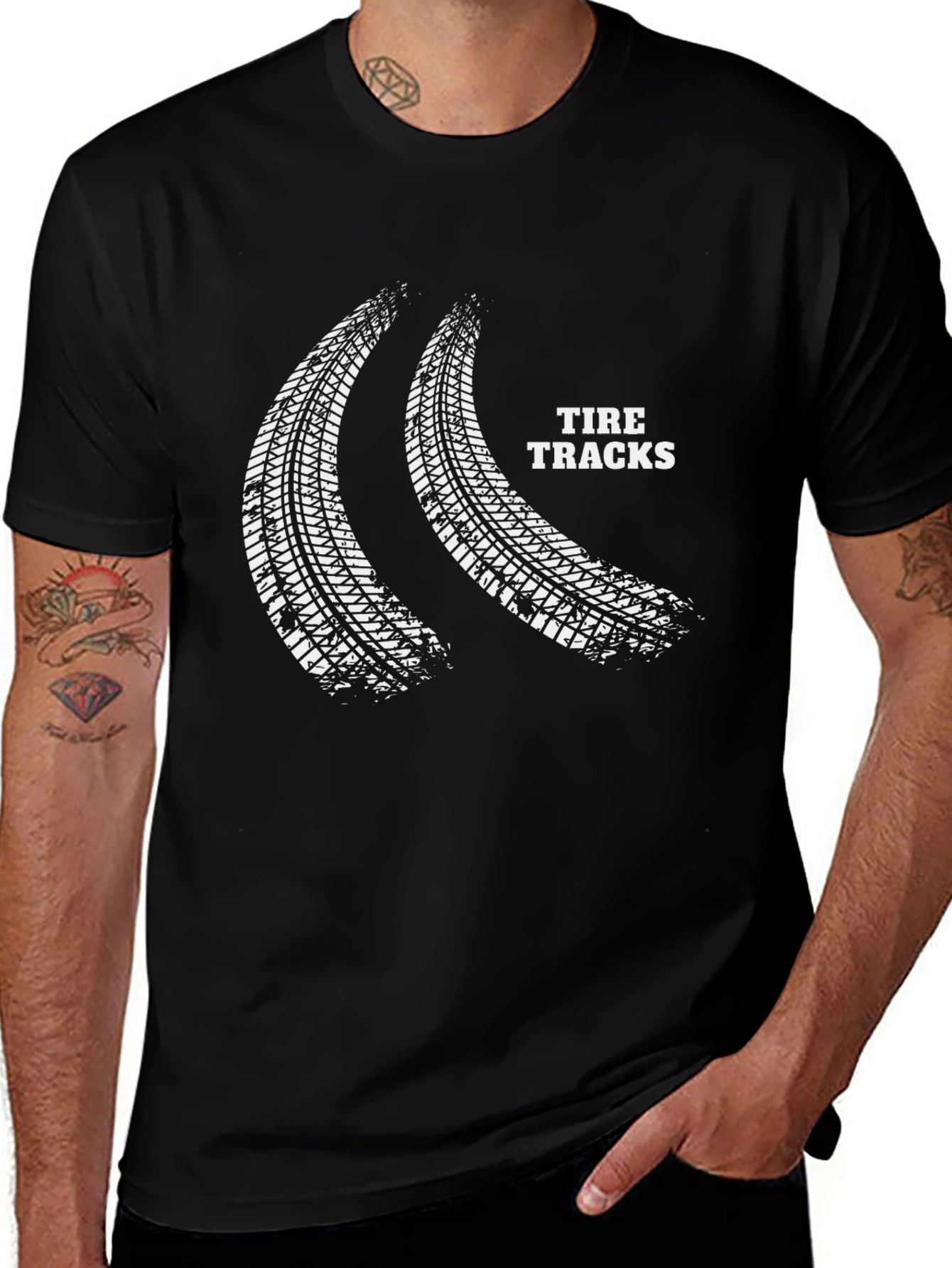 Tire Tracks Graphic Print Black T-Shirt