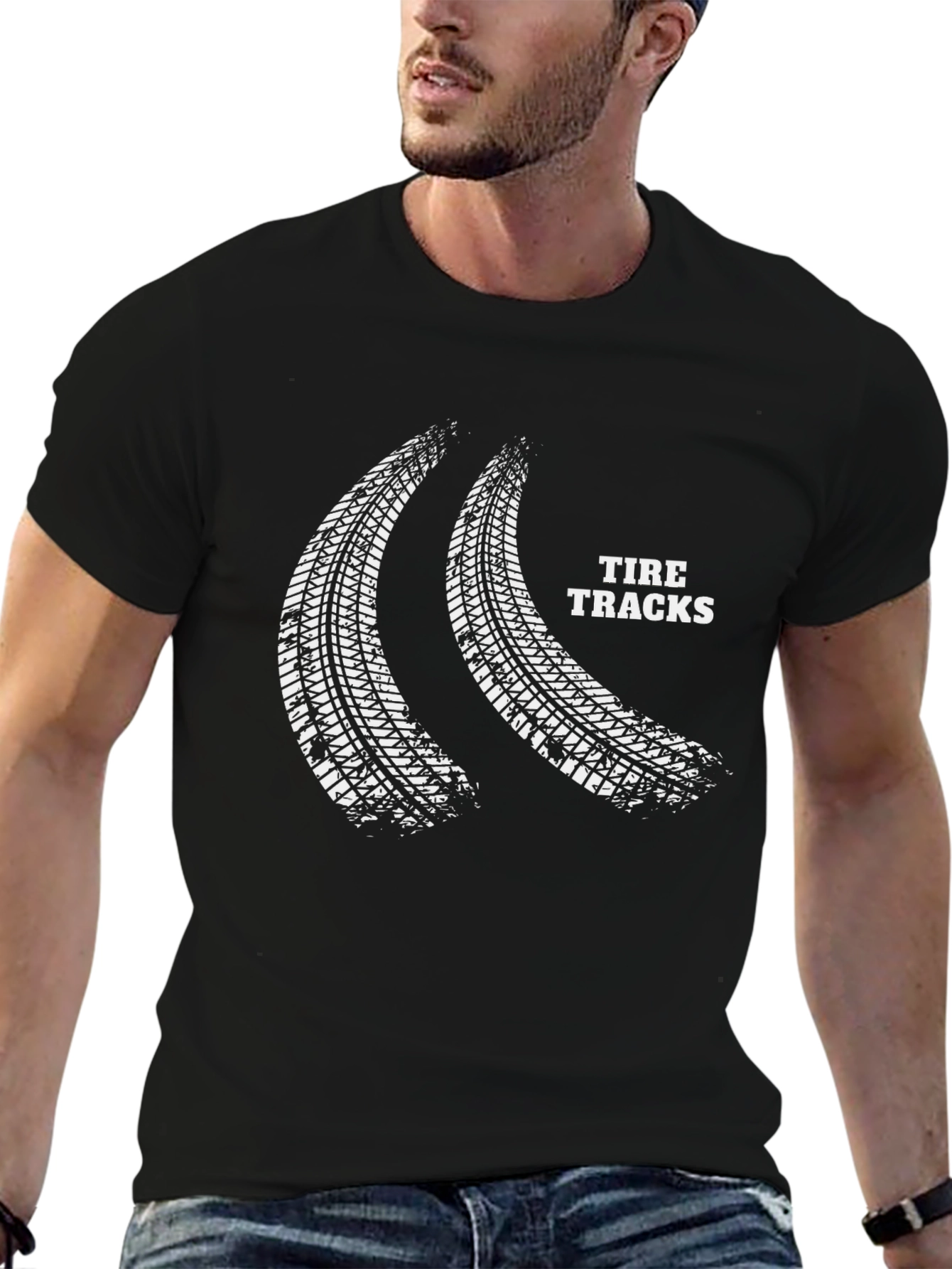 Tire Tracks Graphic Print Black T-Shirt