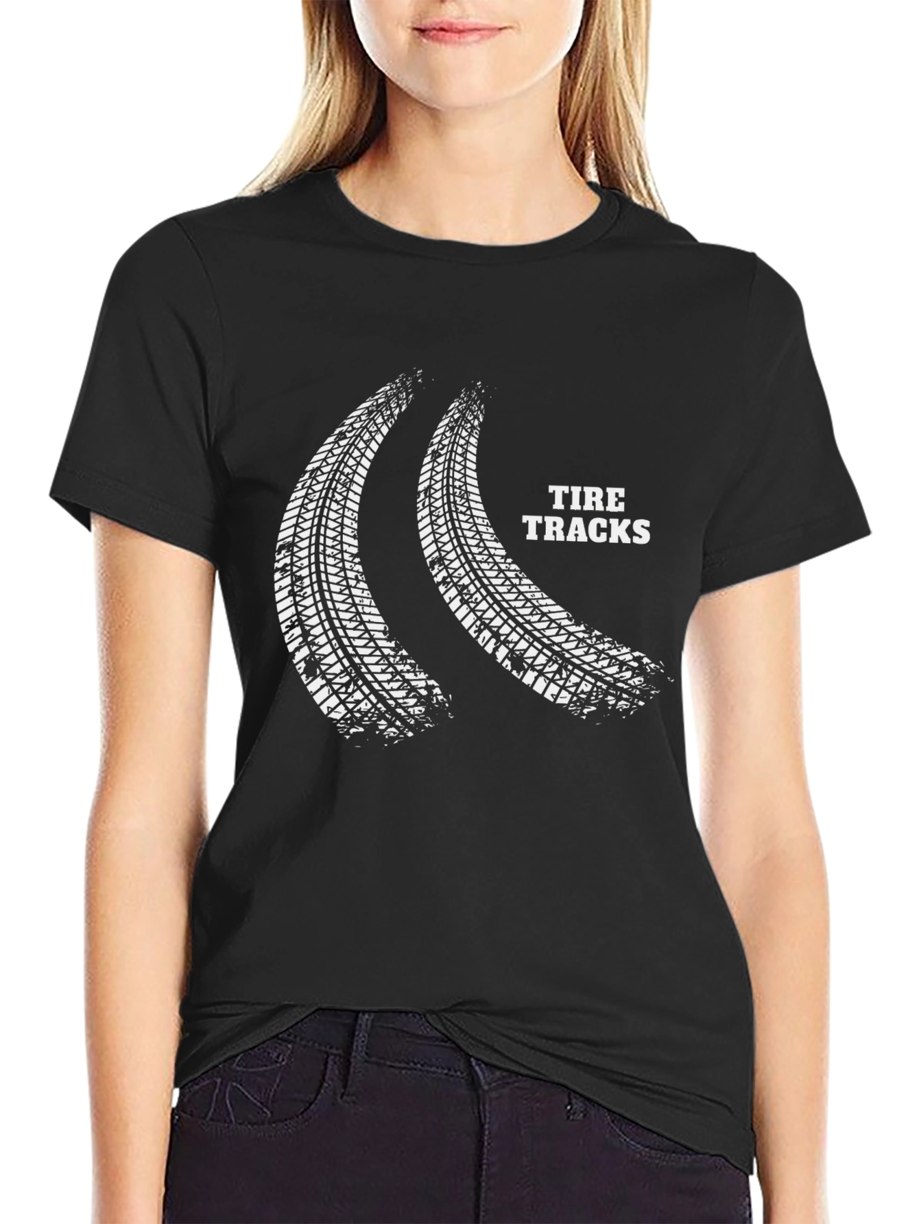 Tire Tracks Graphic Print Black T-Shirt