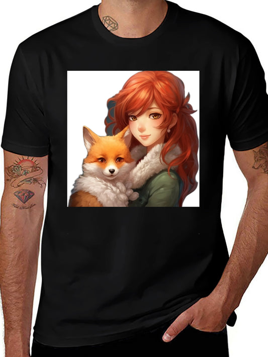 Anime Girl & Fox Graphic Black T-Shirt