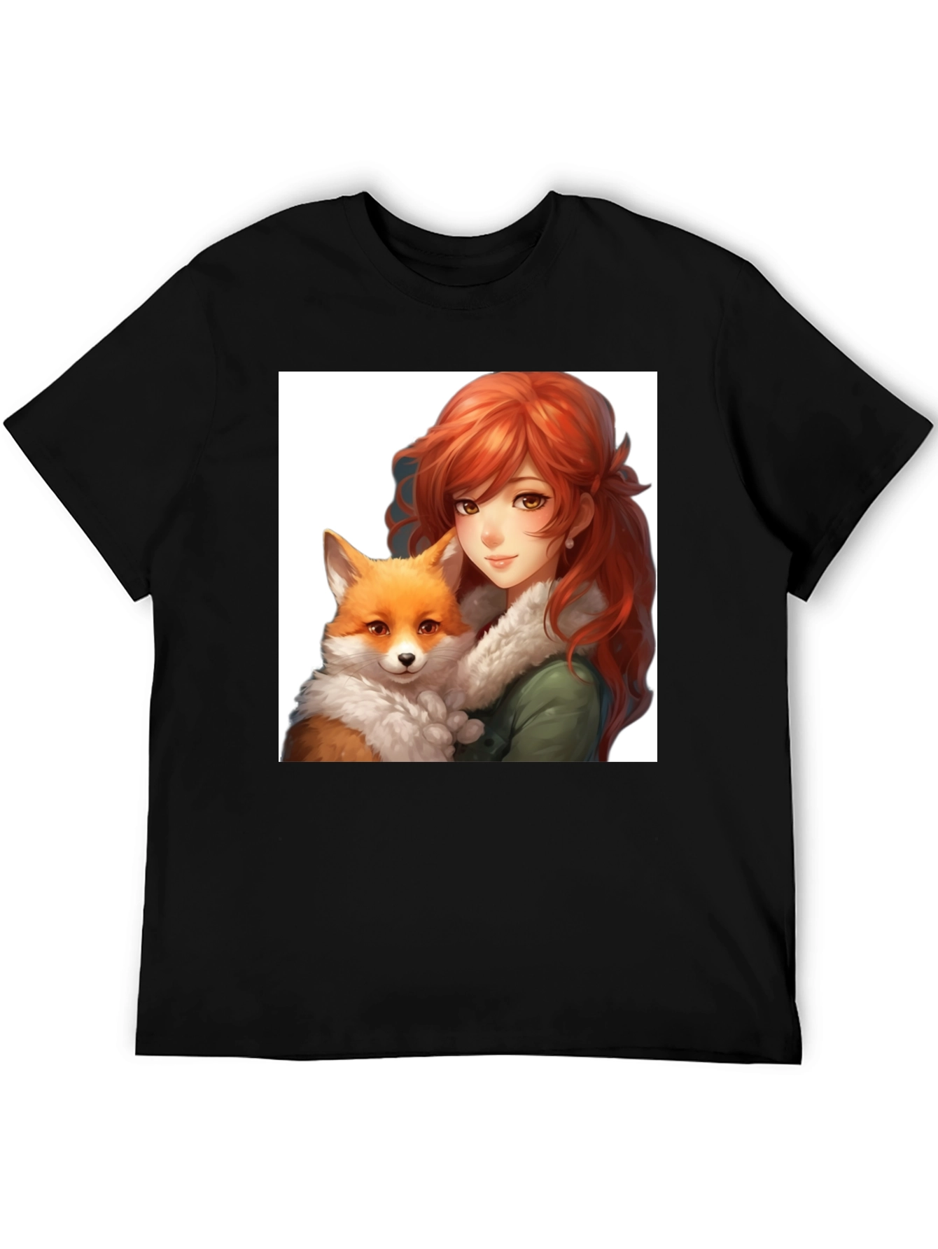 Anime Girl & Fox Graphic Black T-Shirt