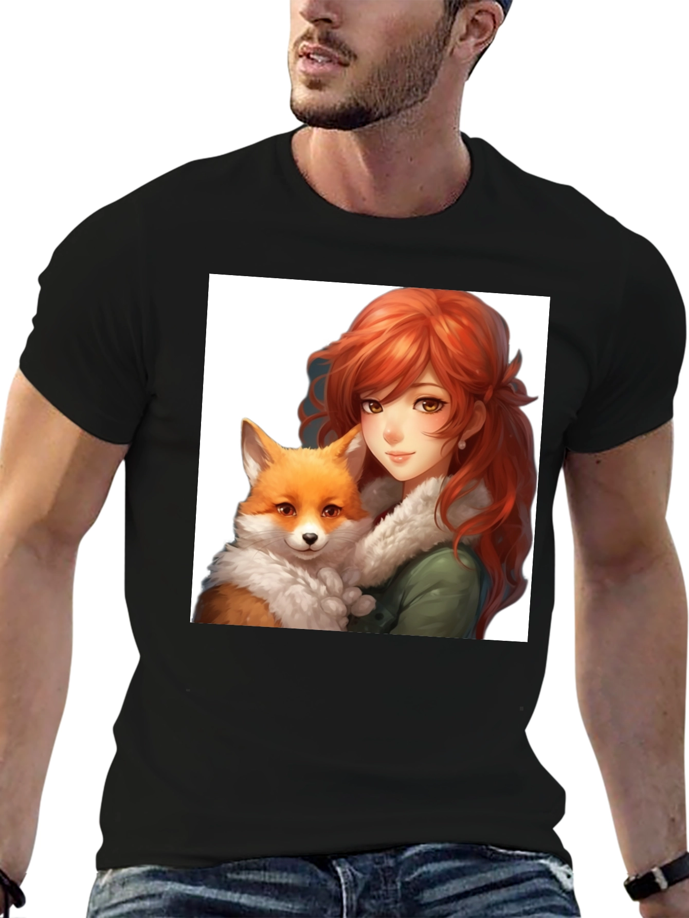 Anime Girl & Fox Graphic Black T-Shirt