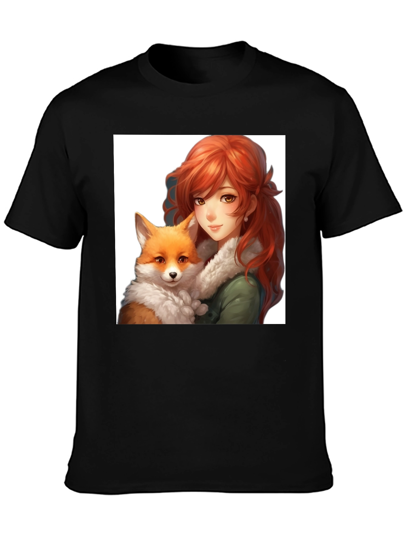 Anime Girl & Fox Graphic Black T-Shirt