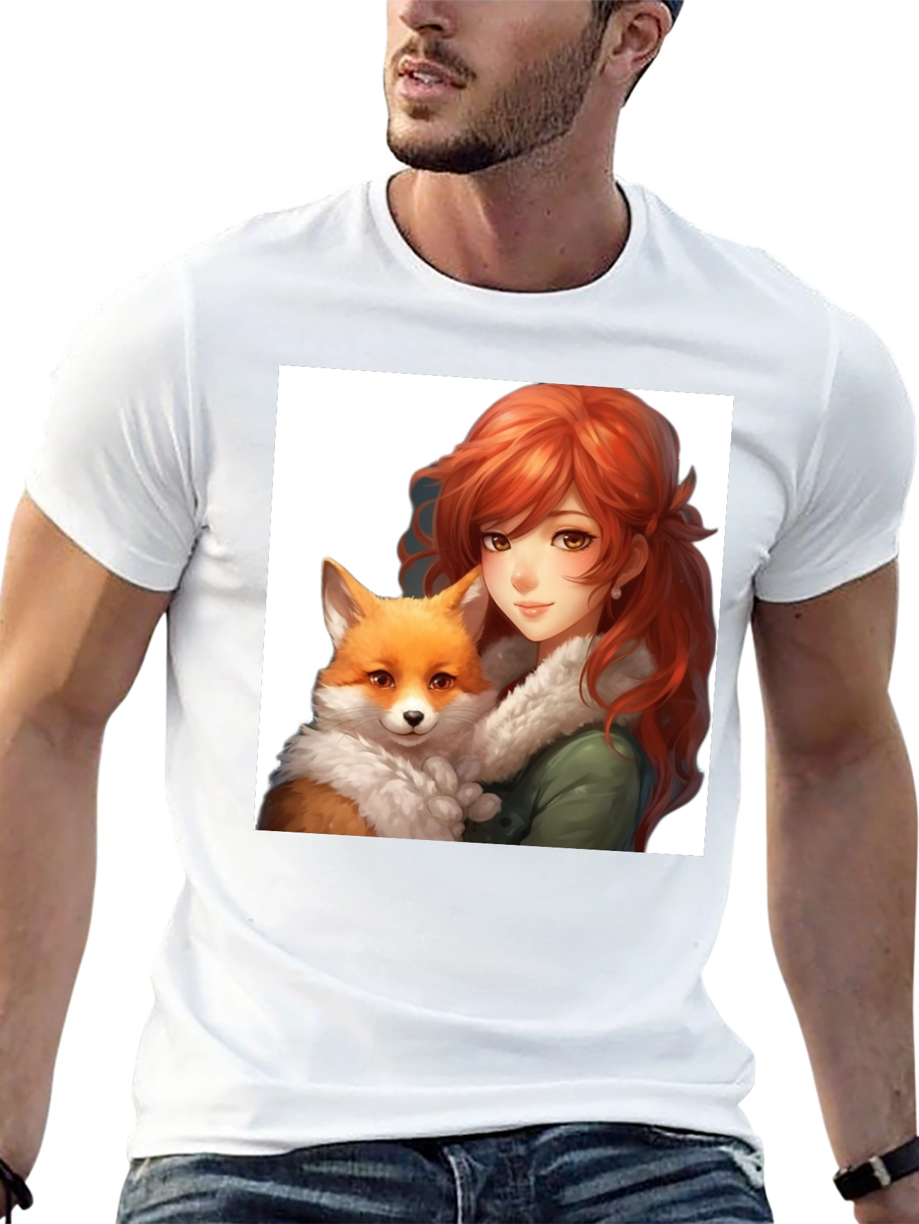 Anime Girl & Fox Graphic Black T-Shirt