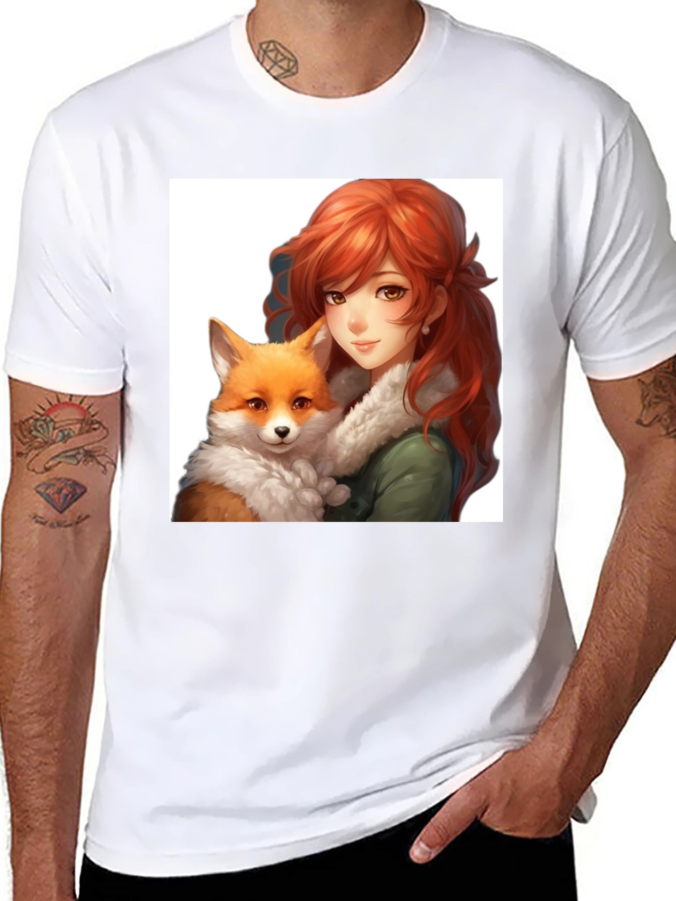 Anime Girl & Fox Graphic Black T-Shirt