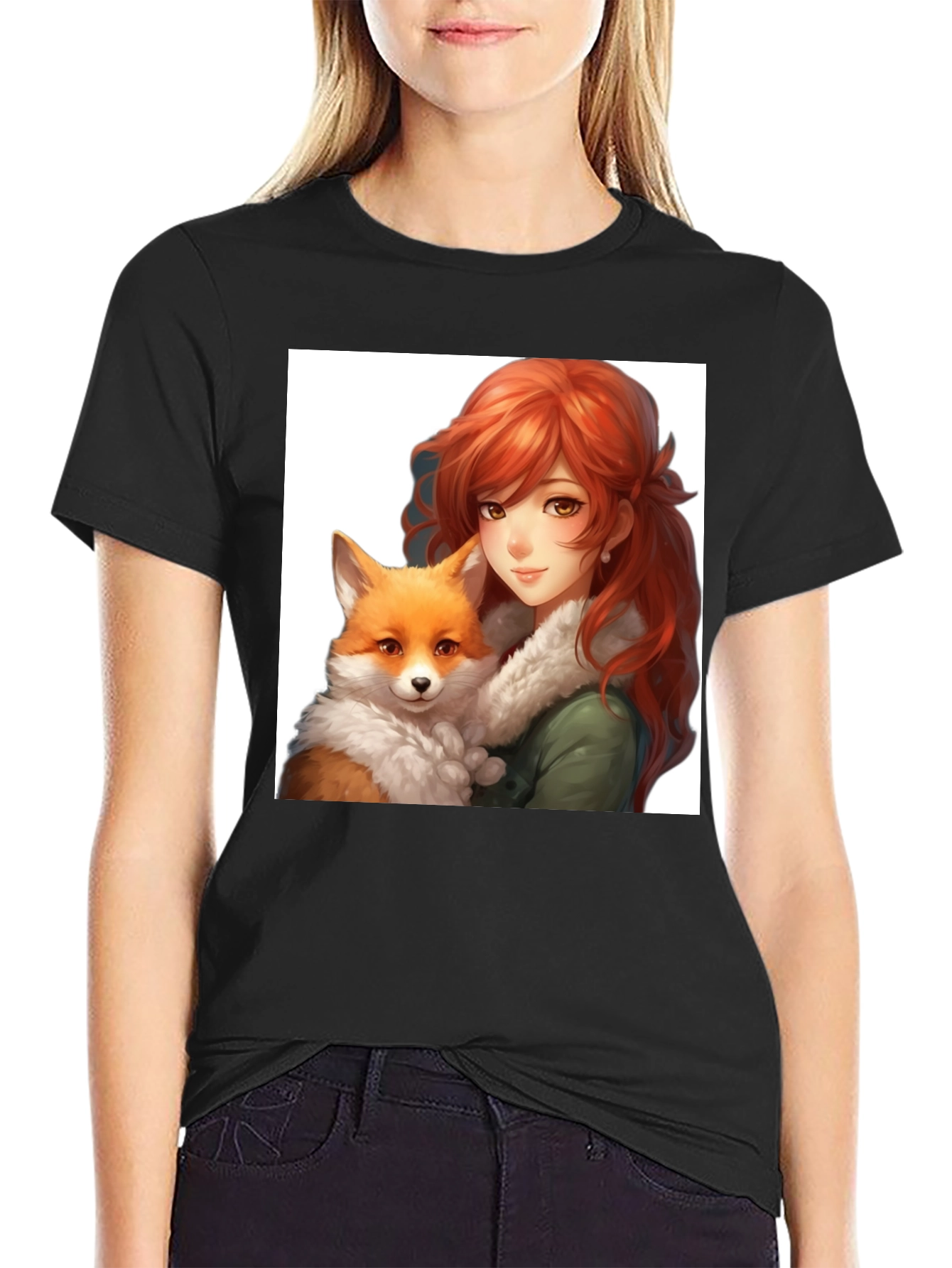 Anime Girl & Fox Graphic Black T-Shirt