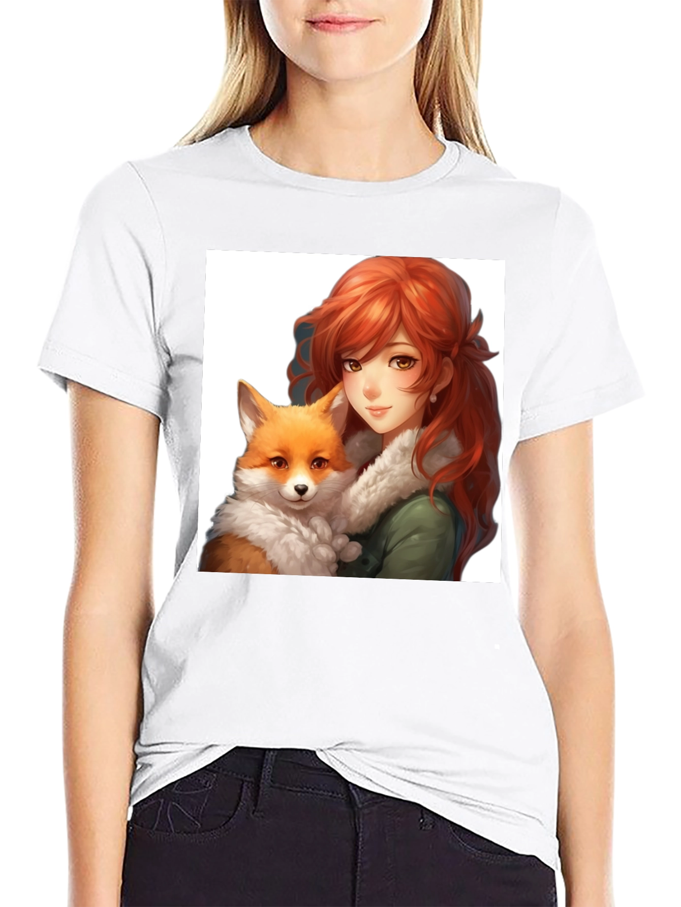 Anime Girl & Fox Graphic Black T-Shirt