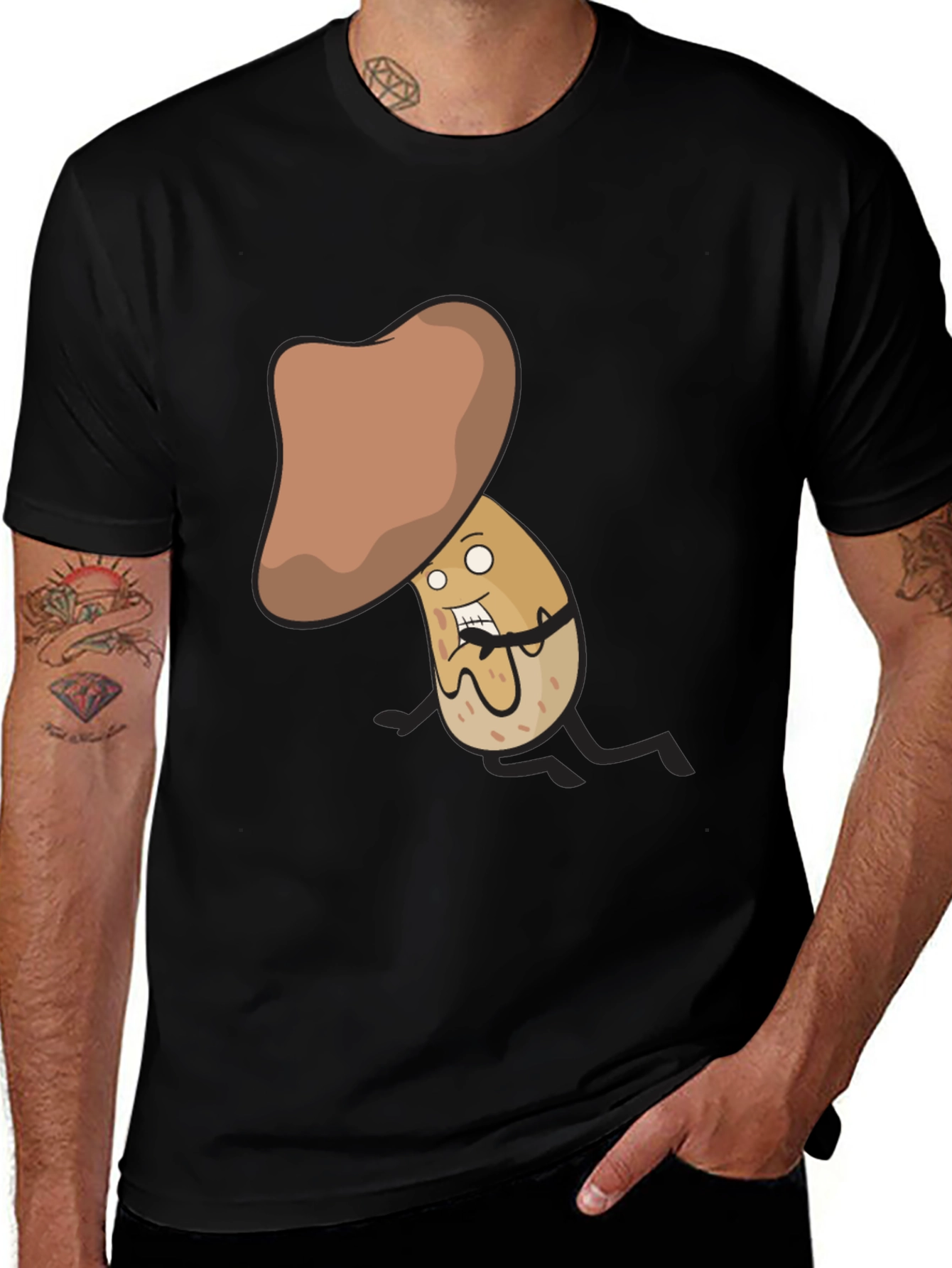 Funny Mushroom Cartoon Character Black T-Shirt