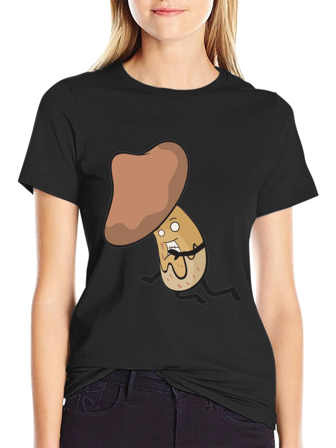 Funny Mushroom Cartoon Character Black T-Shirt