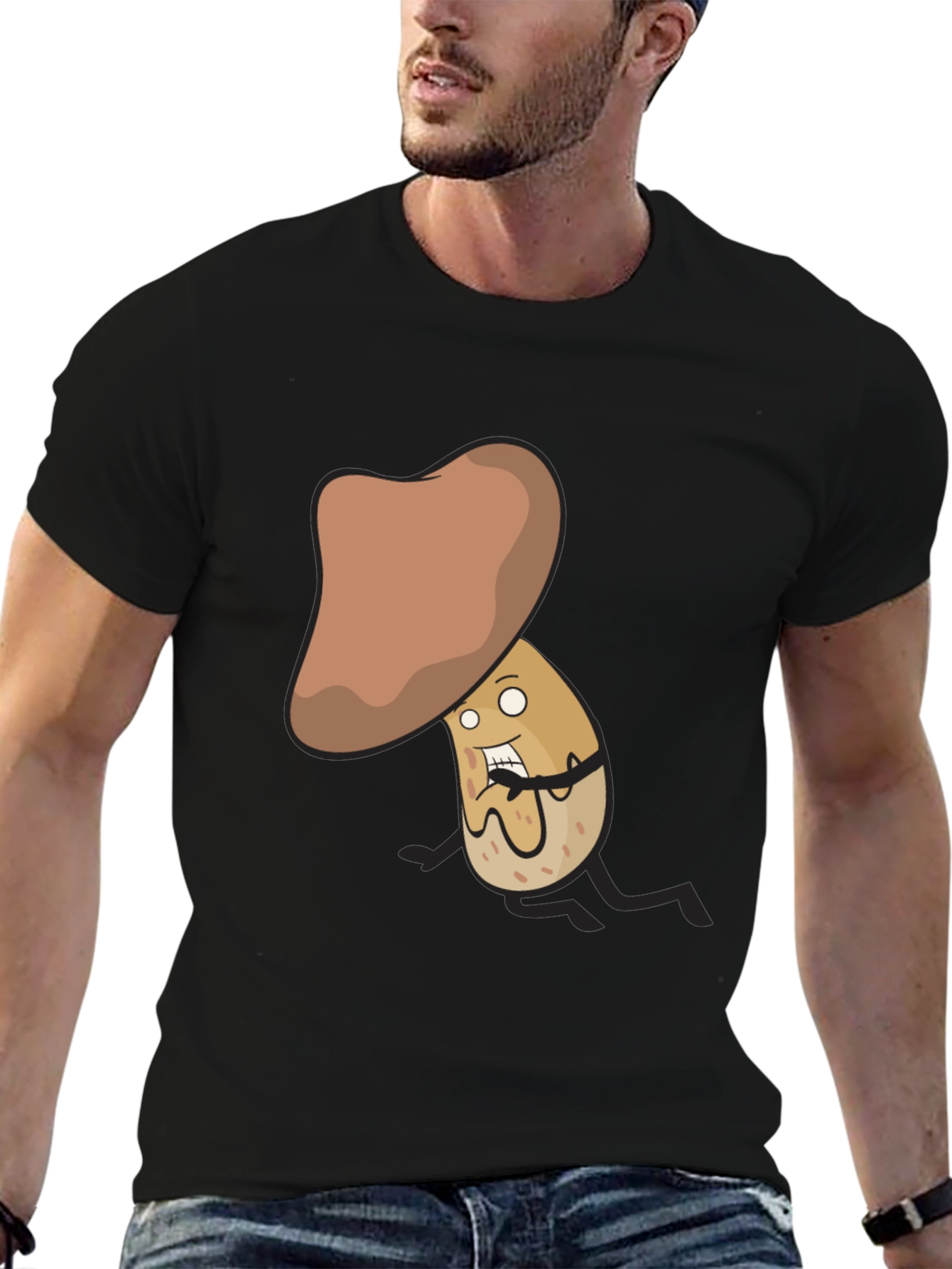 Funny Mushroom Cartoon Character Black T-Shirt